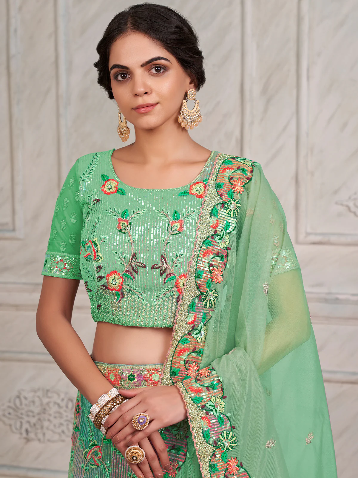 Odette Green Net Embroidered Semi Stitched Lehenga With Unstitched Blouse for Women - Image 5