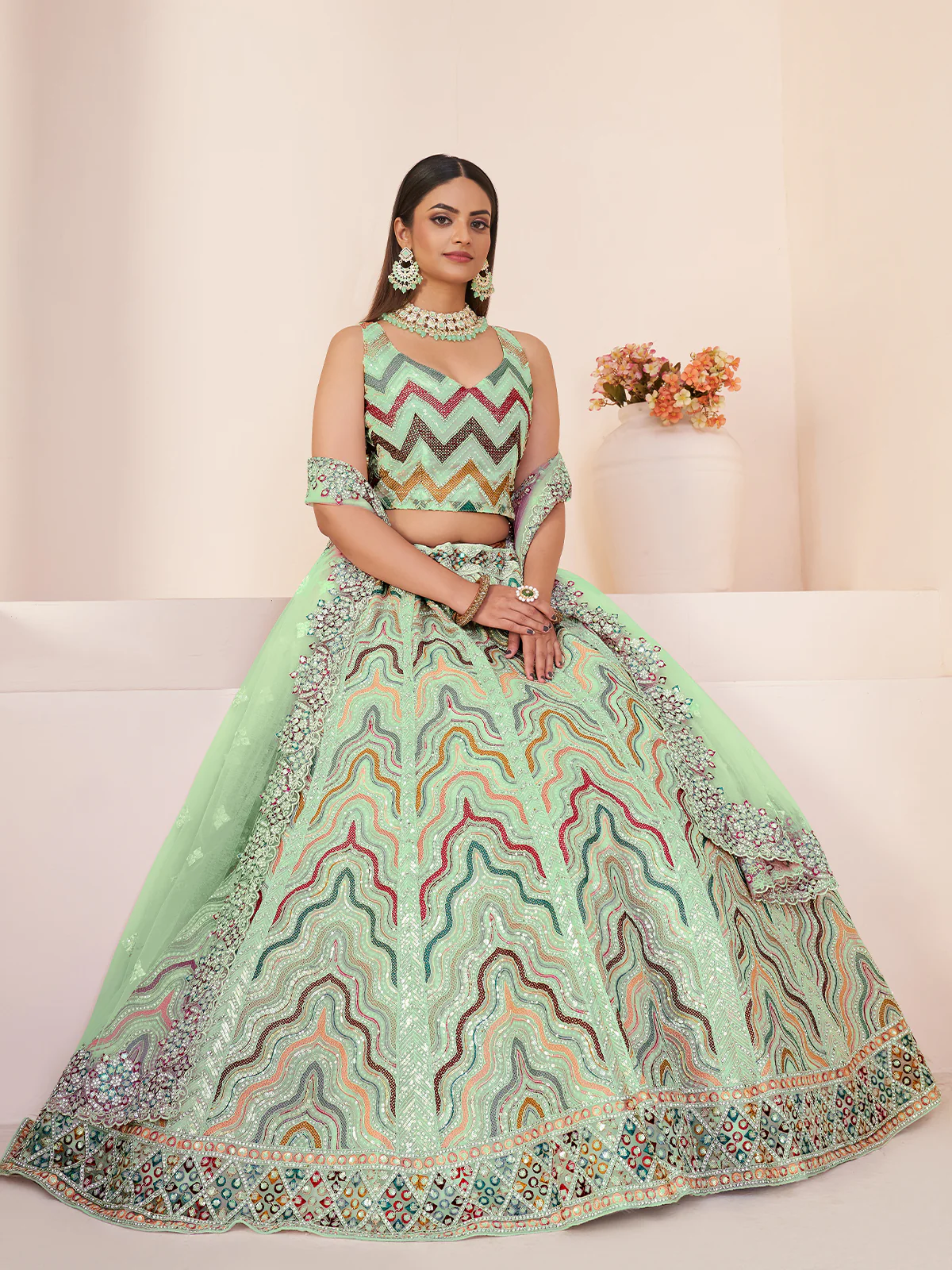 Odette Green Net Embroidered Semi Stitched Lehenga With Unstitched Blouse for Women - Image 2