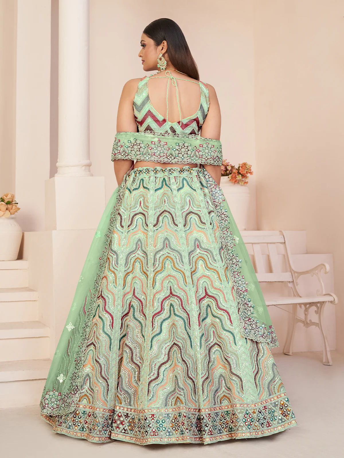 Odette Green Net Embroidered Semi Stitched Lehenga With Unstitched Blouse for Women - Image 3