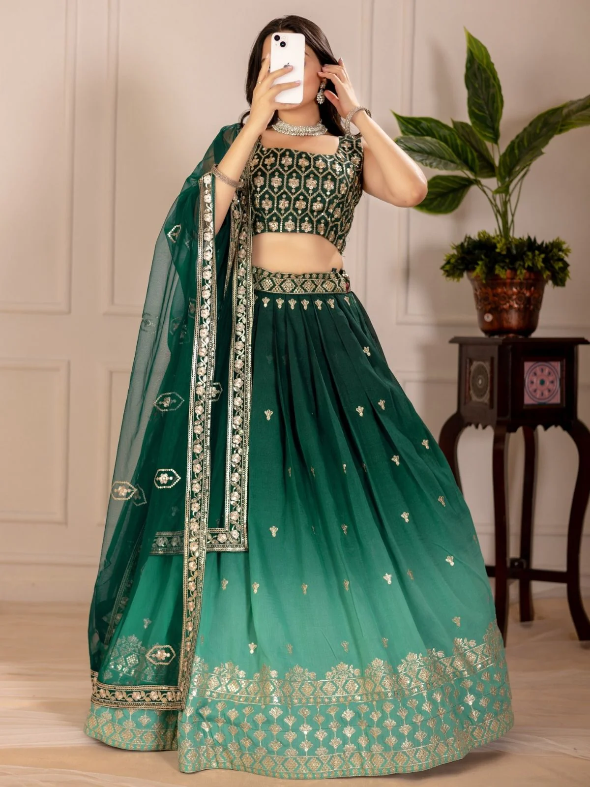Odette Green Ombre Silk Blend Embroidered Semi-Stitched lehenga For Women
