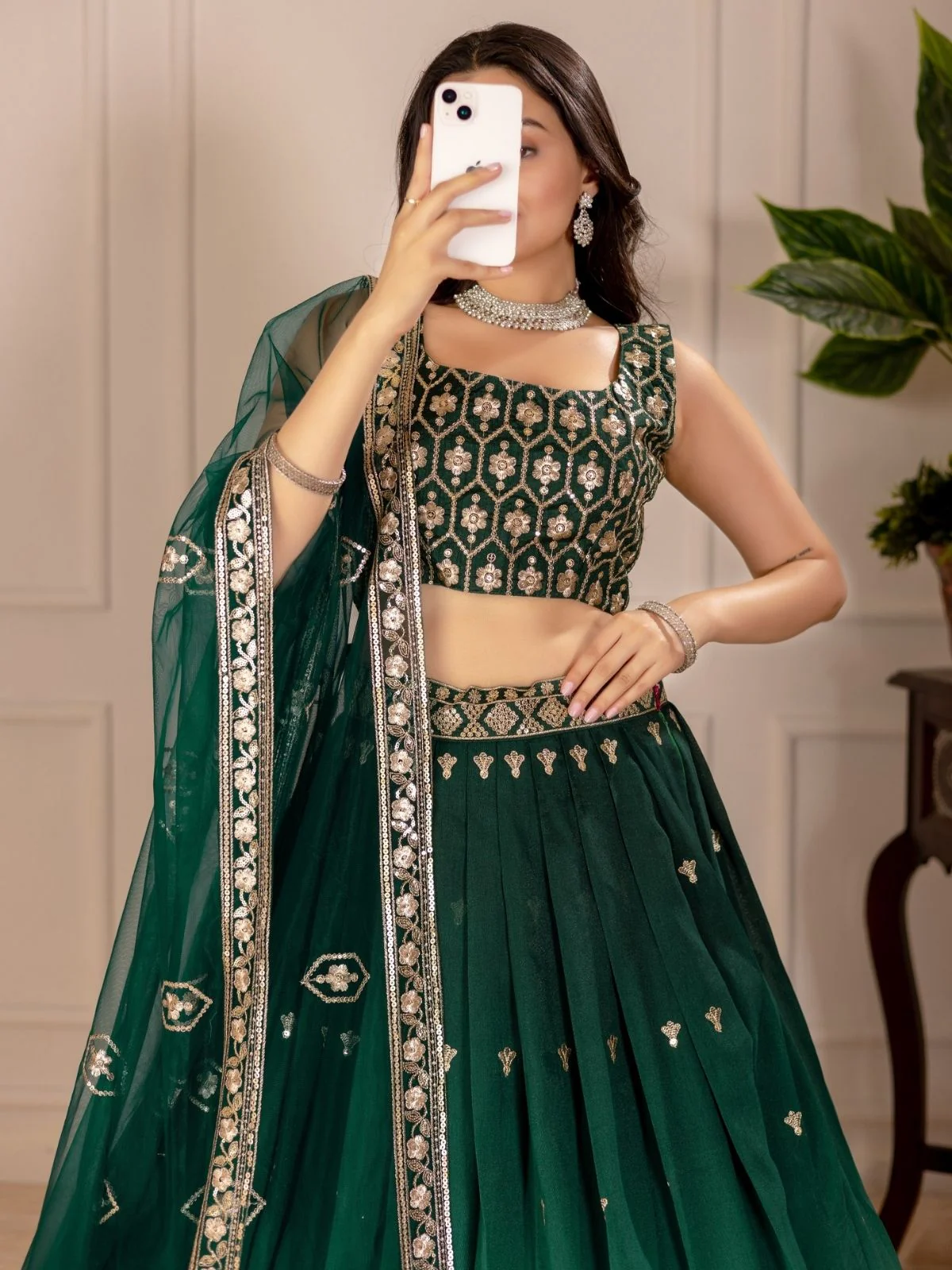 Odette Green Ombre Silk Blend Embroidered Semi-Stitched lehenga For Women - Image 4