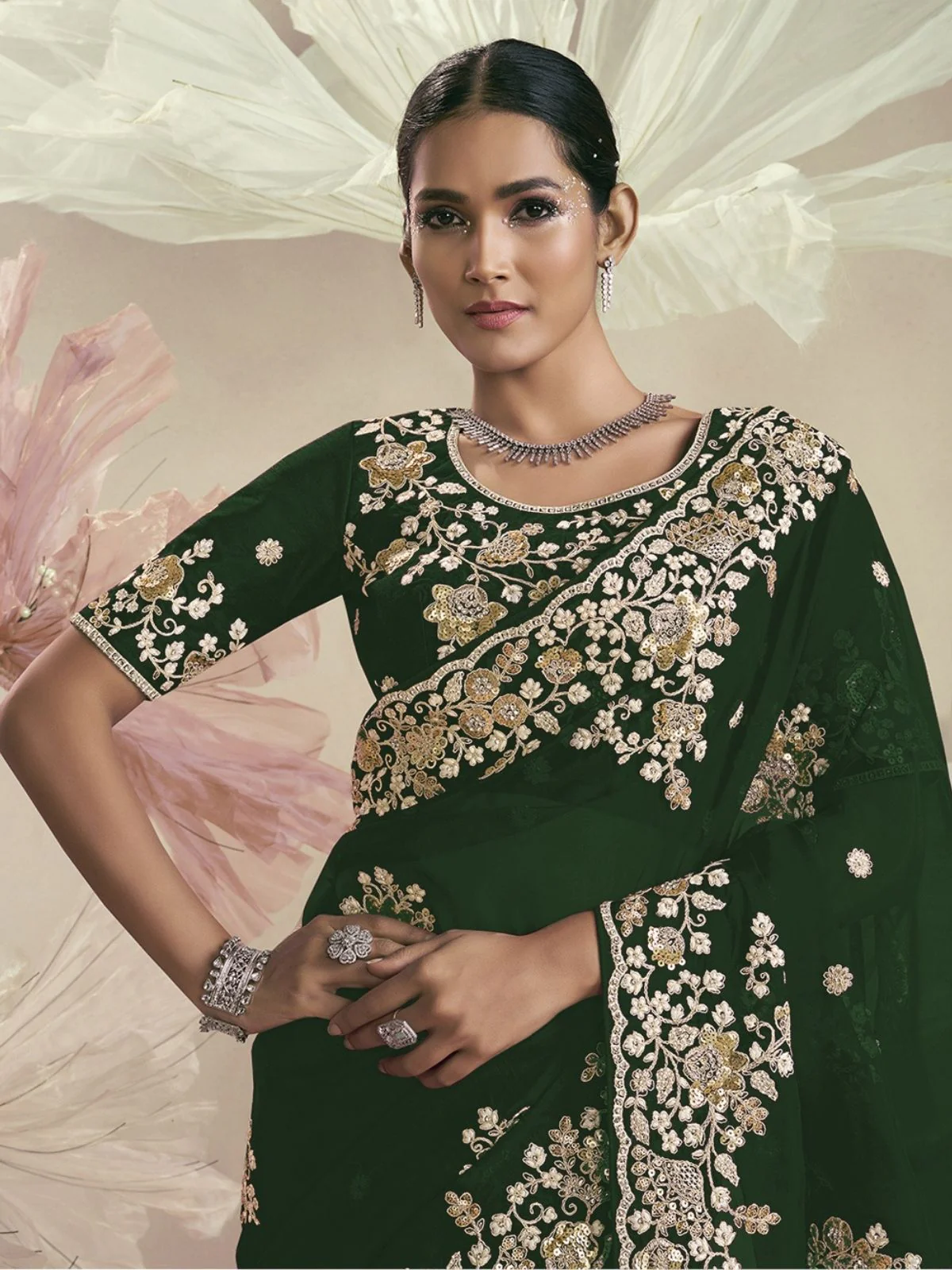 Odette Green Organza Embellished Elegant Saree For Women - Image 2