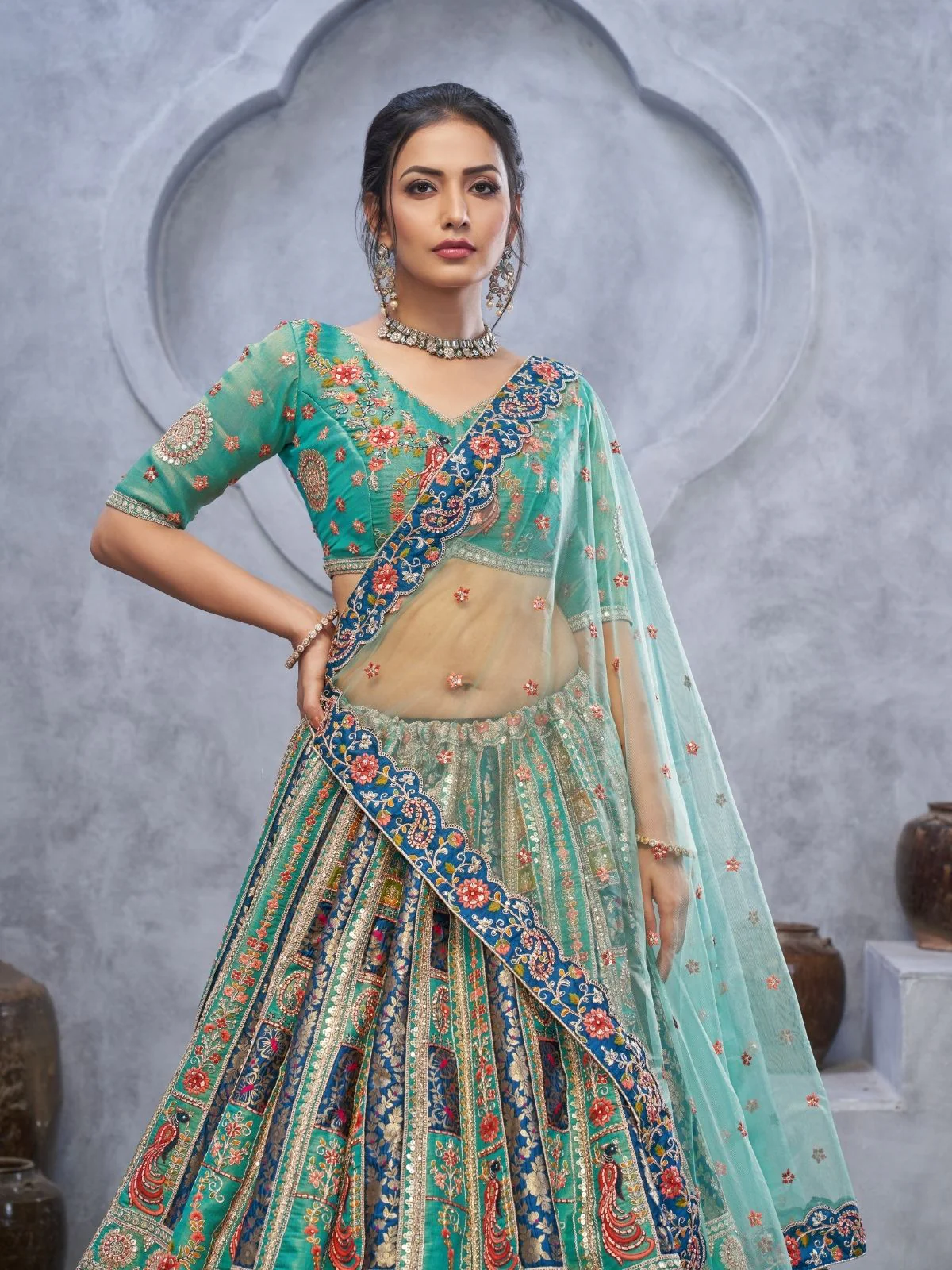 Odette Green Organza Embellished Semi-Stitched Lehenga With Unstitched Blouse For Women - Image 3
