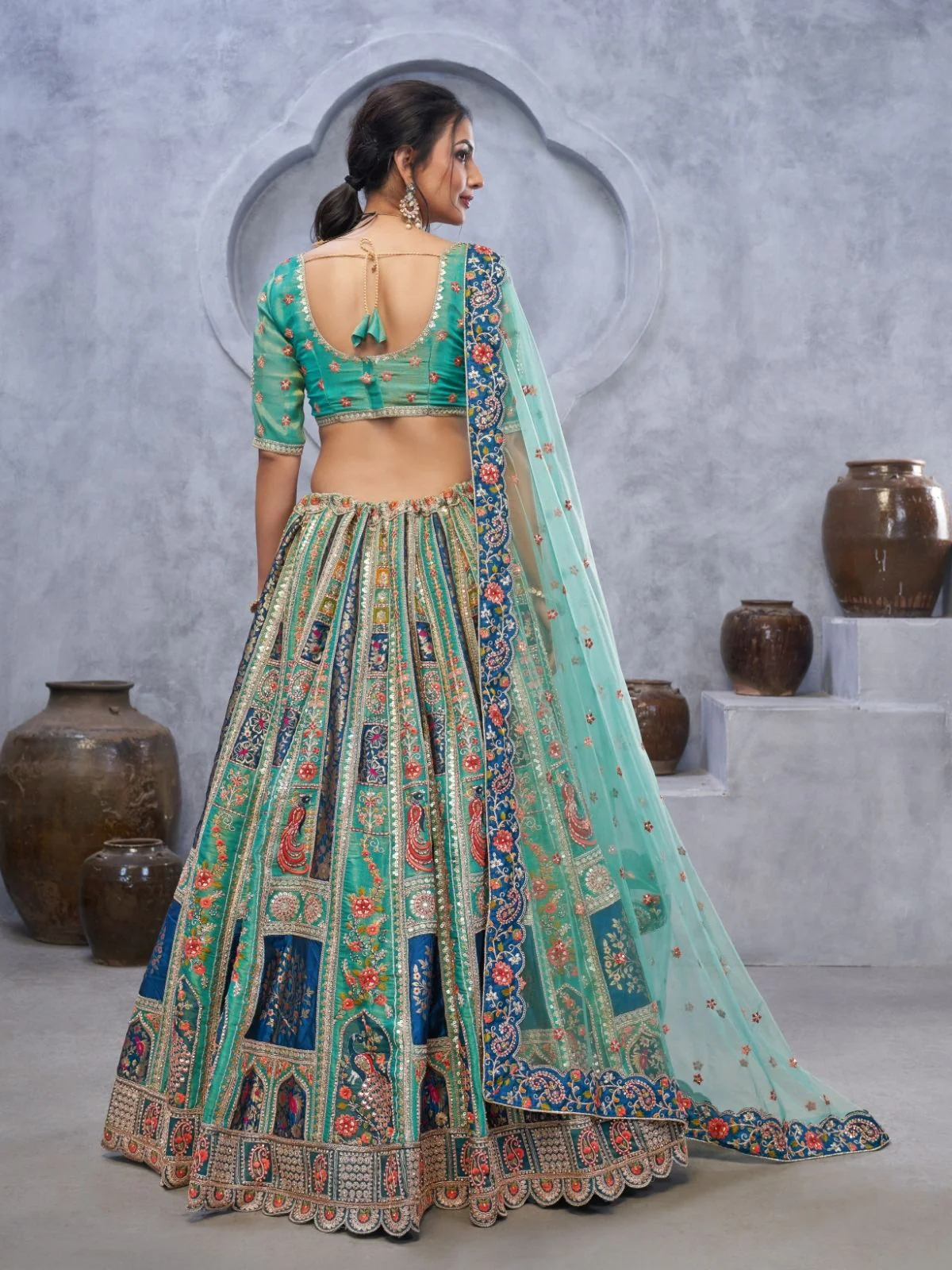 Odette Green Organza Embellished Semi-Stitched Lehenga With Unstitched Blouse For Women - Image 5