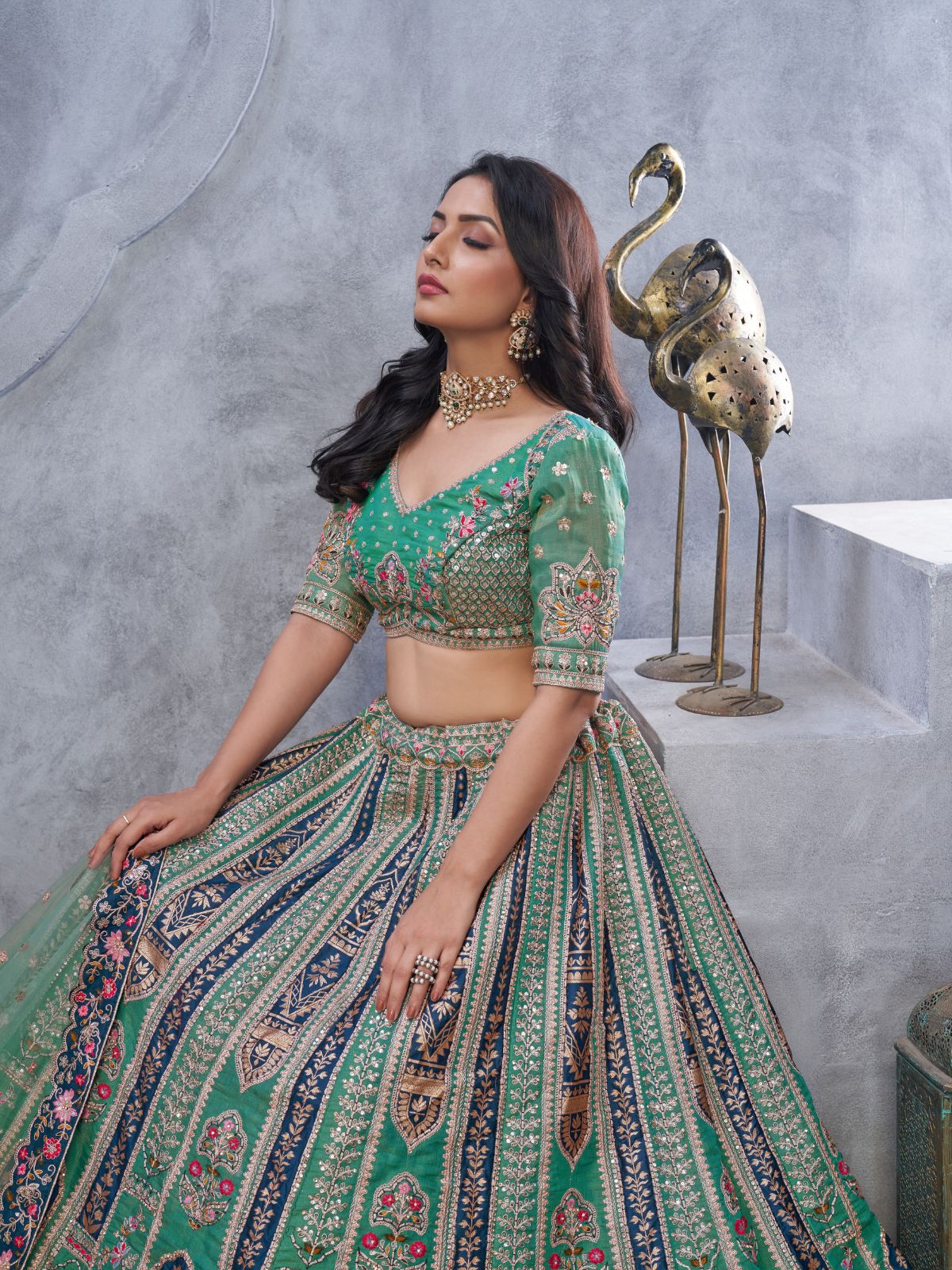 Odette Green Organza Embellished Semi-Stitched Lehenga With Unstitched Blouse For Women - Image 3
