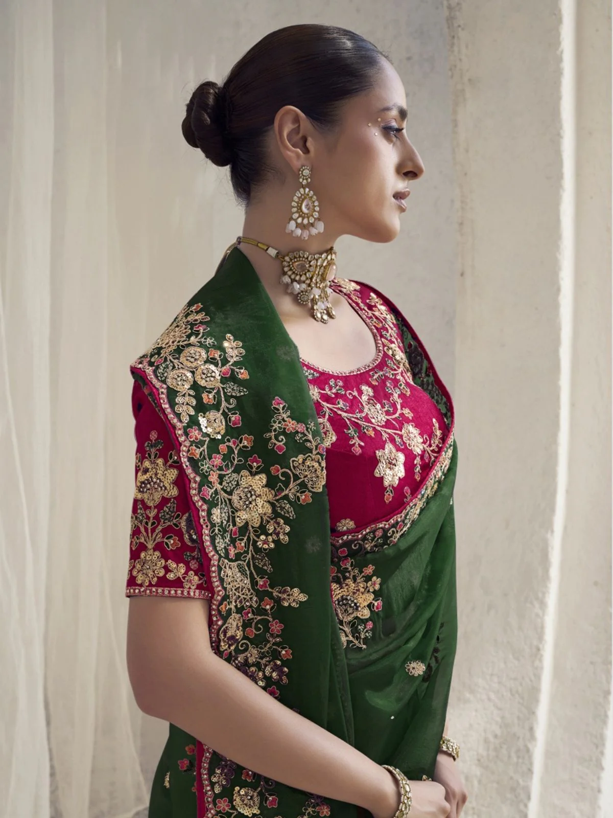 Odette Green Organza Embroidered Elegant Saree For Women - Image 2