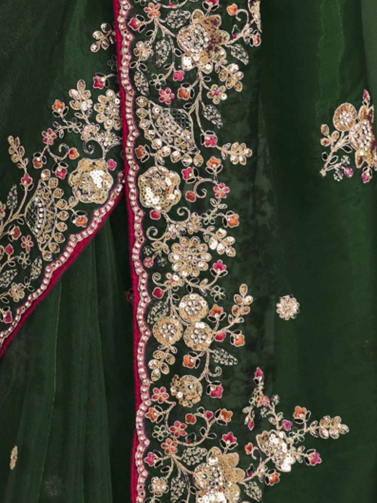 Odette Green Organza Embroidered Elegant Saree For Women - Image 4