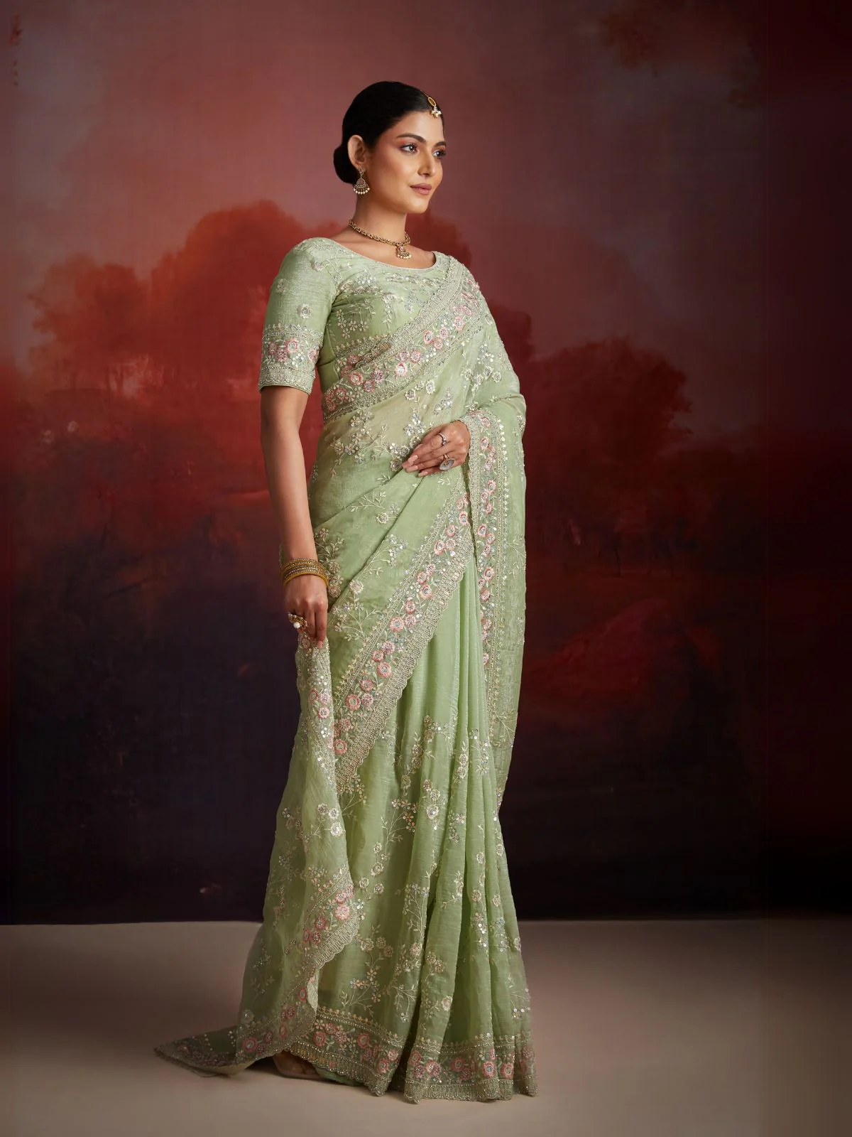 Odette Green Organza Embroidered Saree For Women - Image 2
