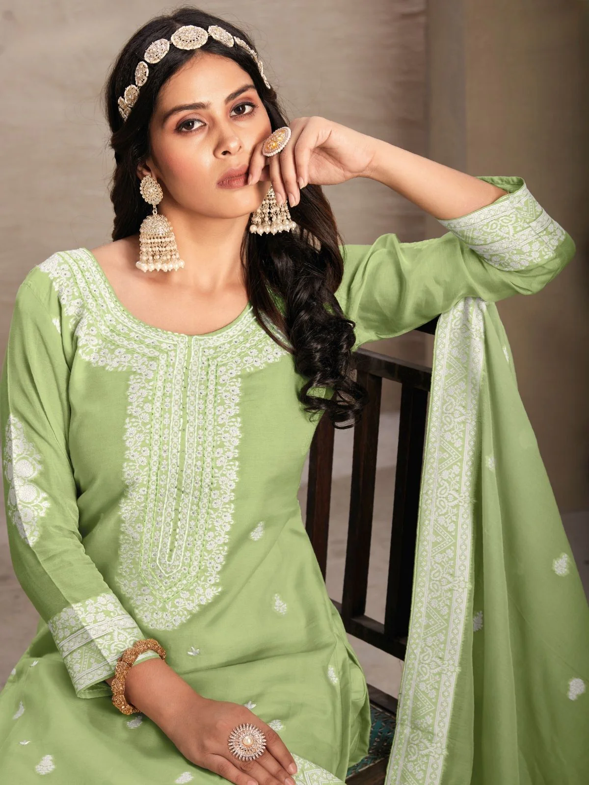 Odette Green Organza Embroidered Semi-Stitched Kurta Set For Women - Image 2