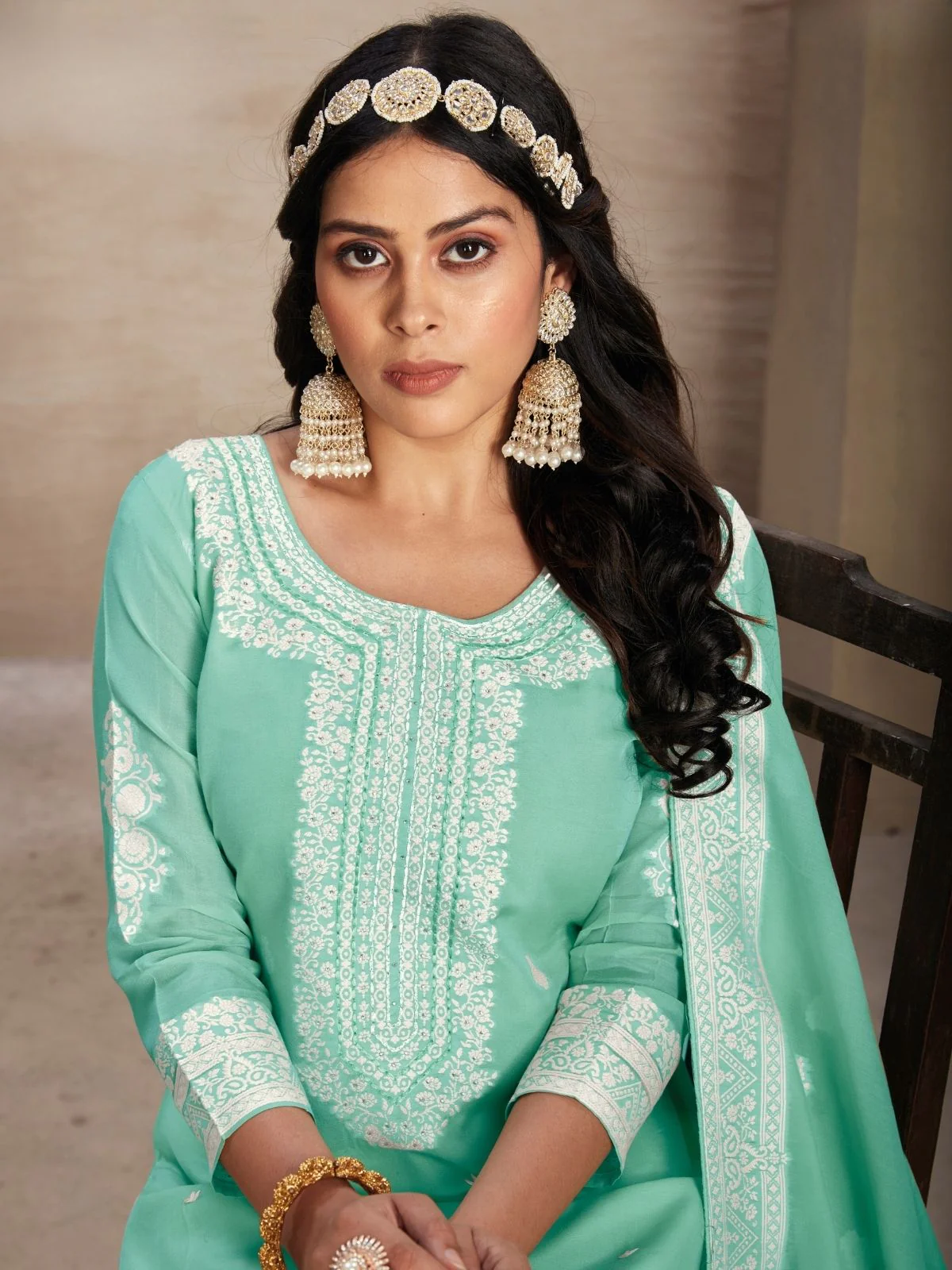 Odette Green Organza Embroidered Semi-Stitched Kurta Set For Women - Image 2