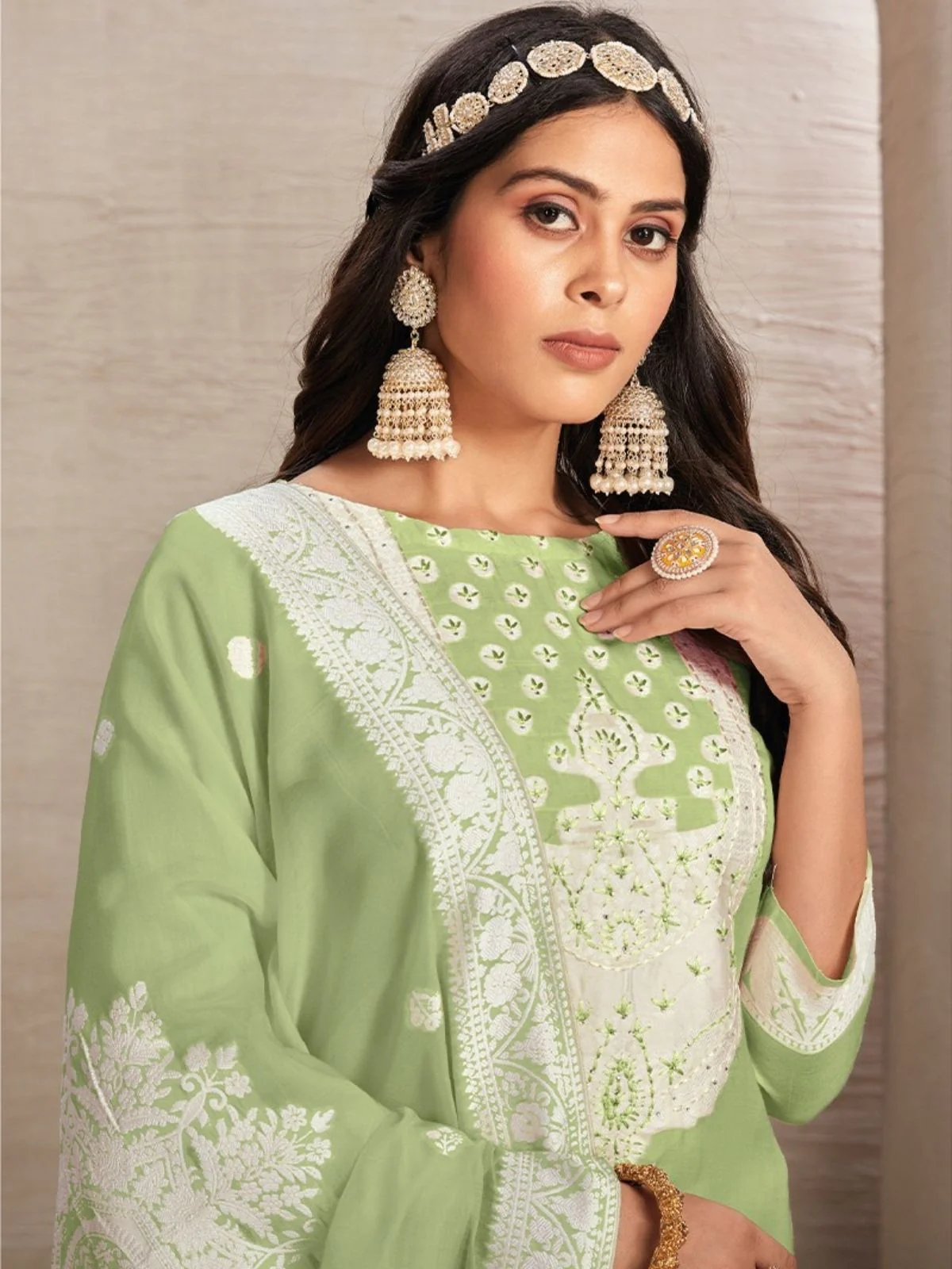 Odette Green Organza Embroidered Semi-Stitched Kurta Set For Women - Image 2