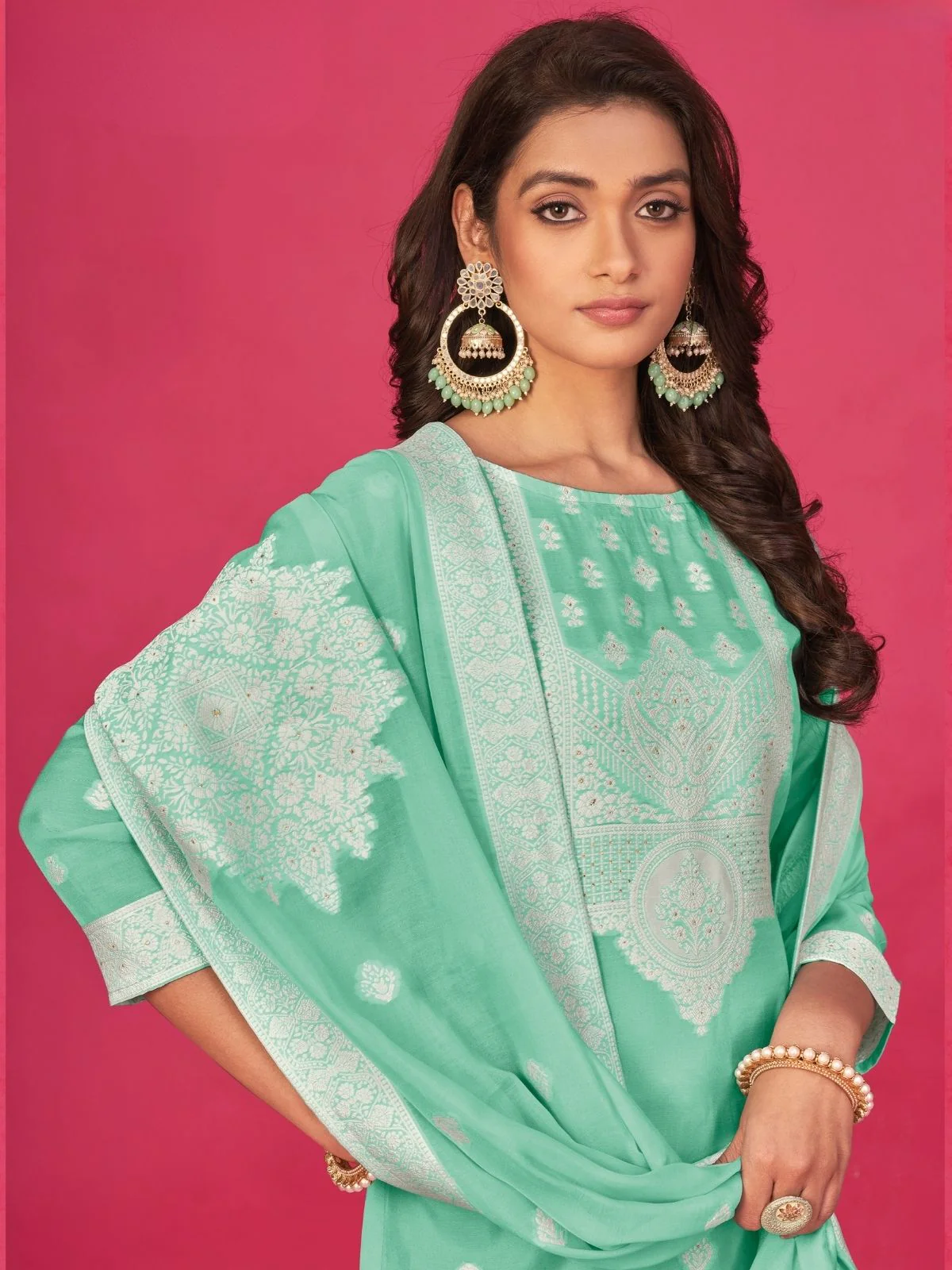 Odette Green Organza Embroidered Semi-Stitched Kurta Set For Women - Image 2