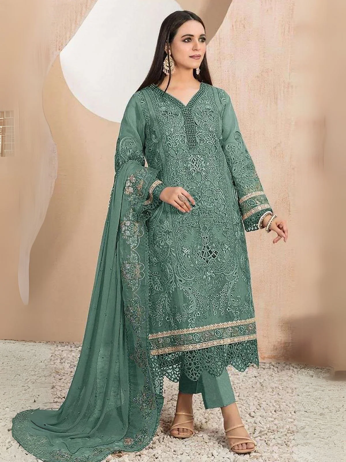 Odette Green Organza Embroidered Semi-Stitched Kurta Set For Women