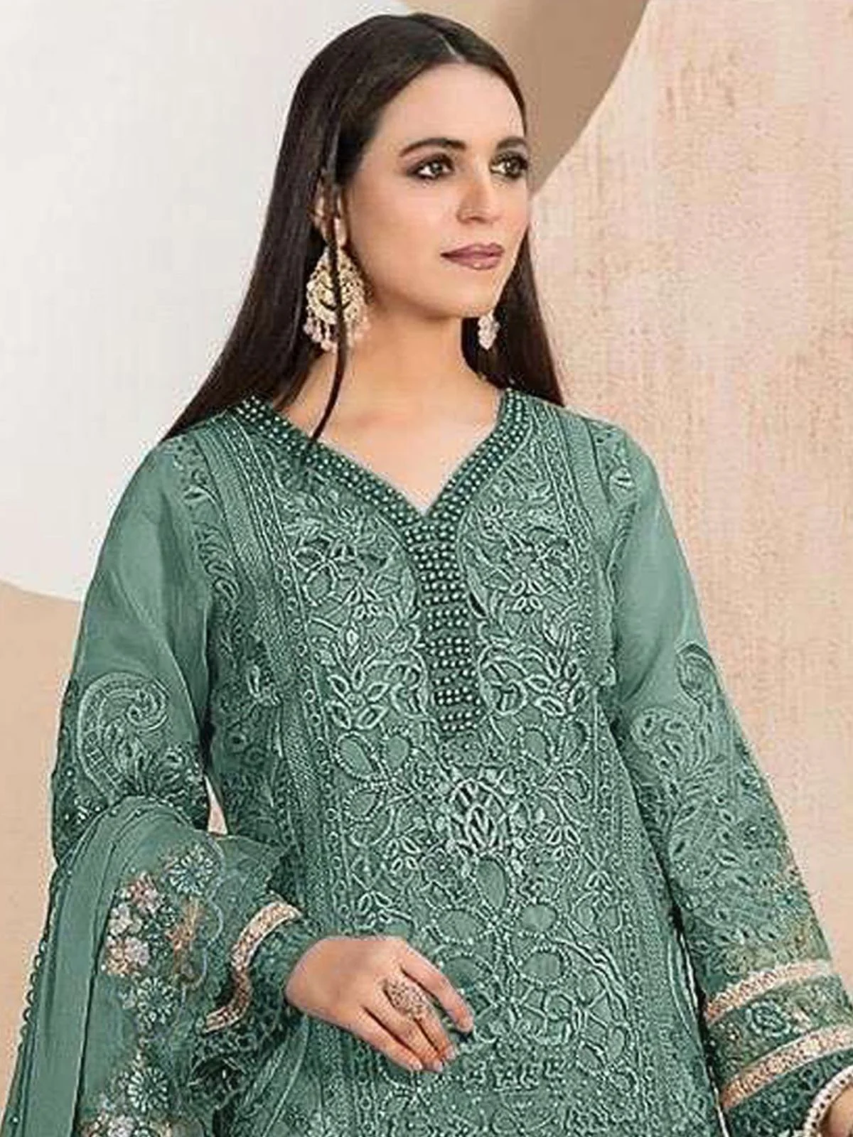 Odette Green Organza Embroidered Semi-Stitched Kurta Set For Women - Image 2