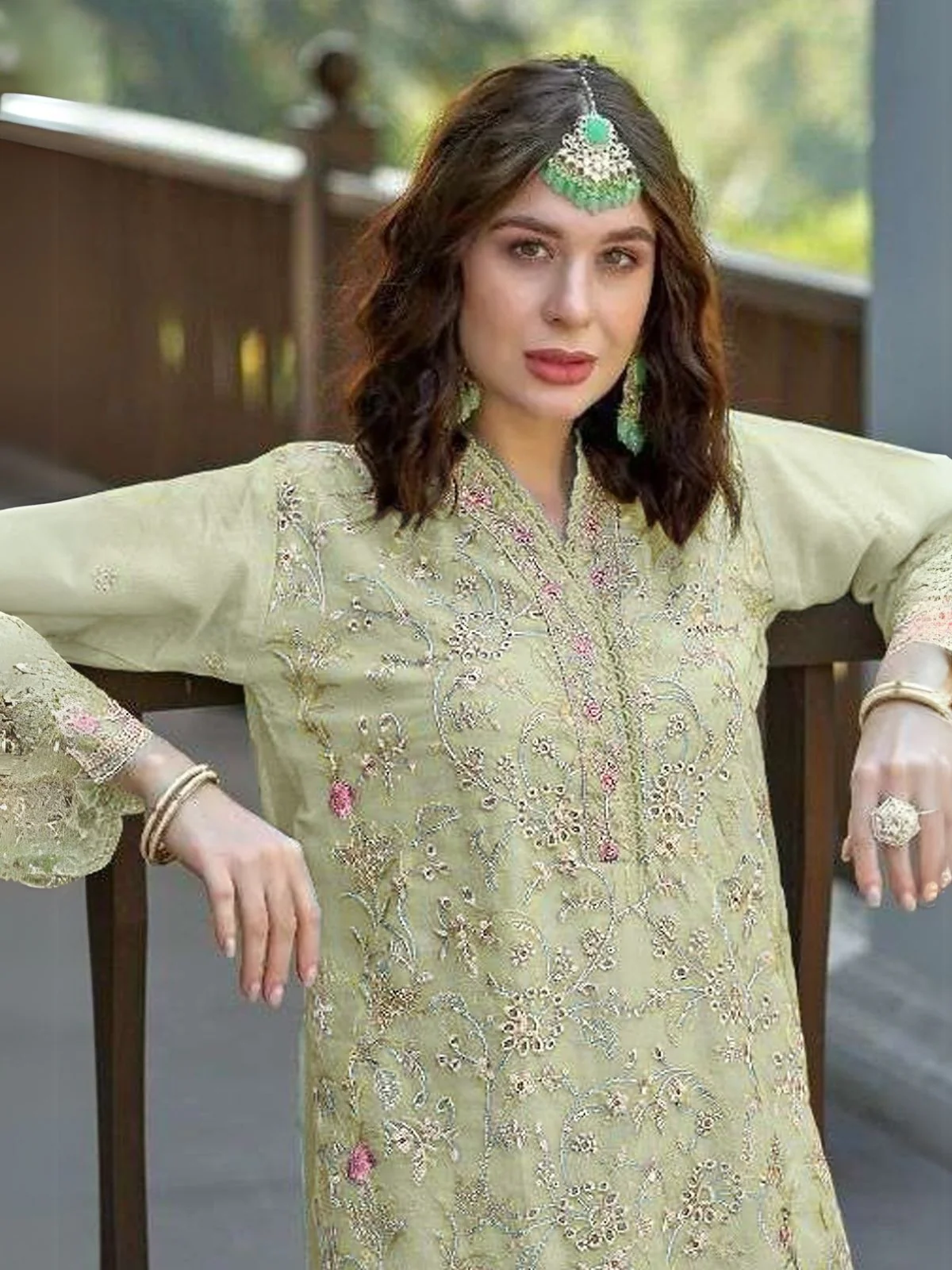 Odette Green Organza  Embroidered Semi-Stitched Kurta Set For Women - Image 2