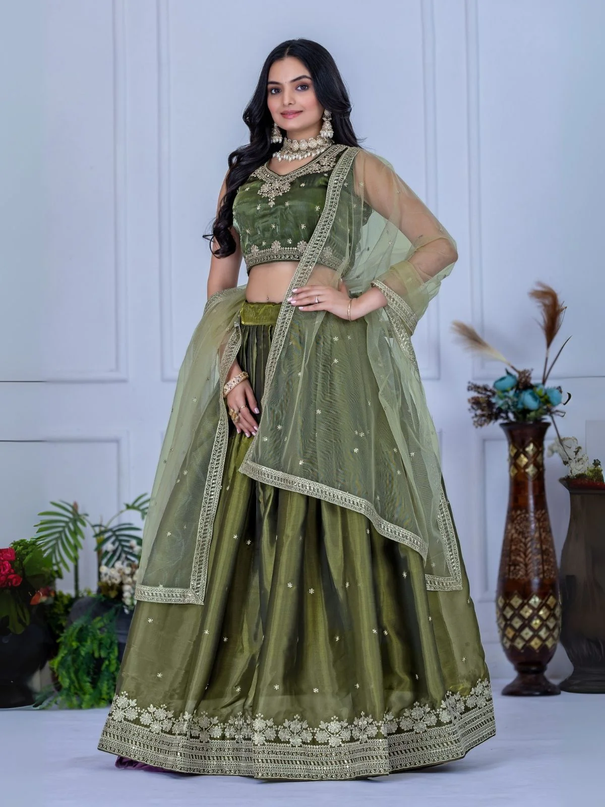 Odette Green Organza Embroidered Semi-Stitched lehenga For Women