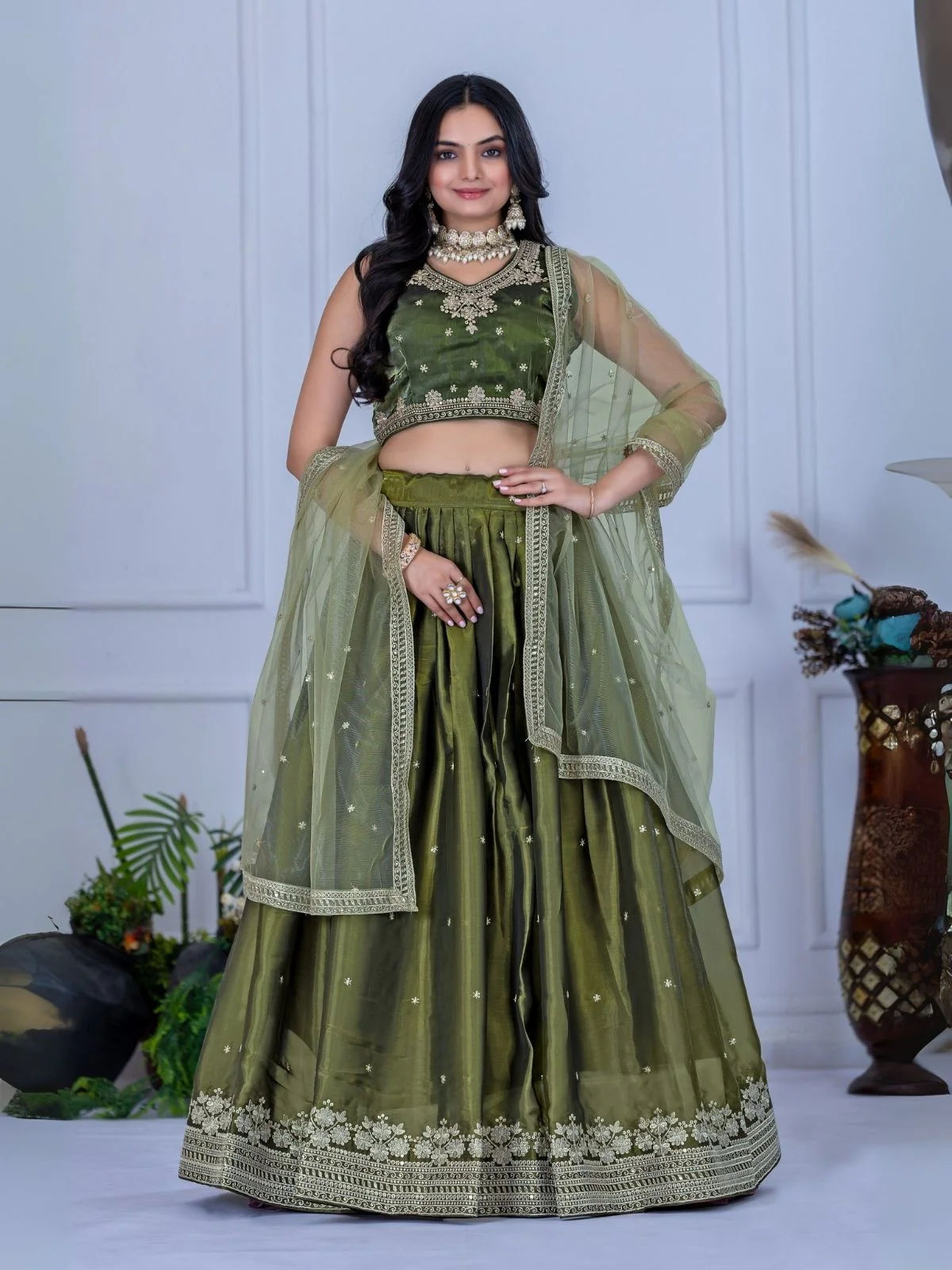 Odette Green Organza Embroidered Semi-Stitched lehenga For Women - Image 3