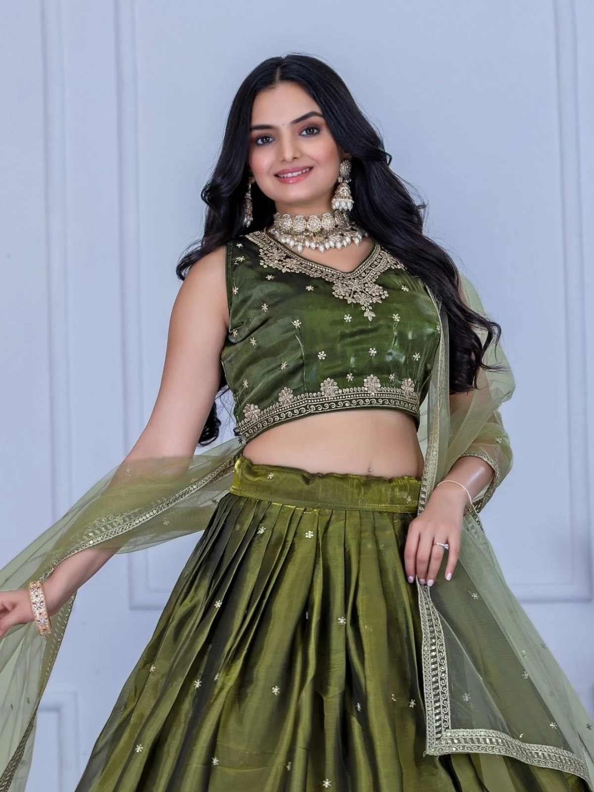 Odette Green Organza Embroidered Semi-Stitched lehenga For Women - Image 5