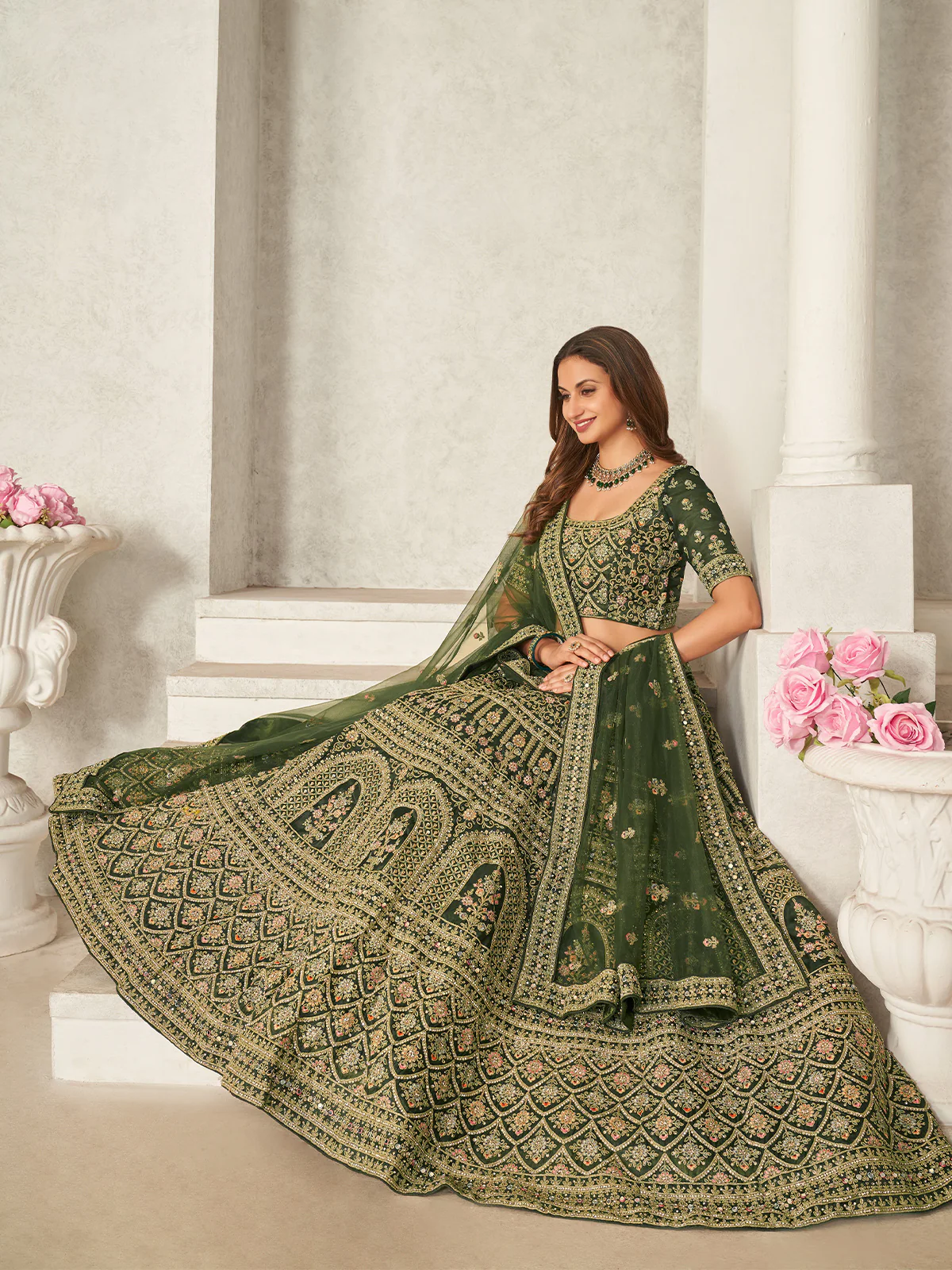 Odette Green Organza Blend Embroidered Semi Stitched Lehenga With Unstitched Blouse for Women - Image 2