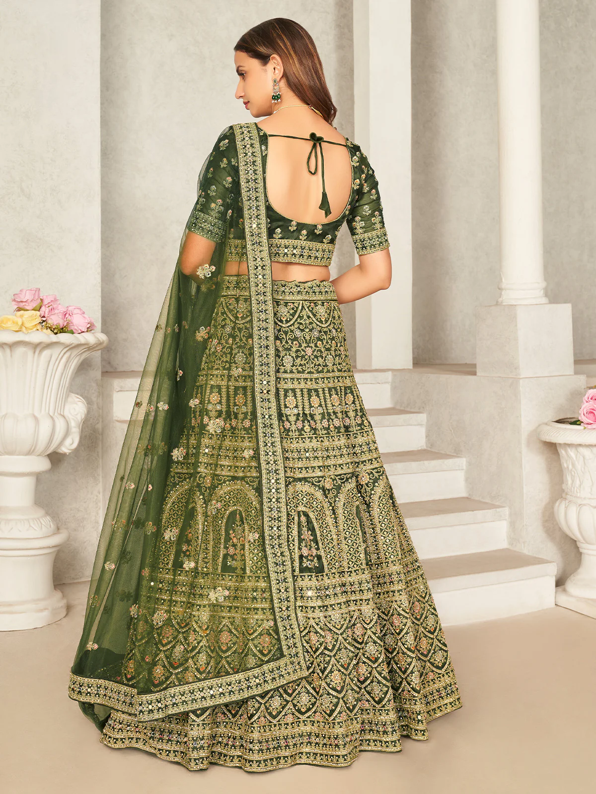 Odette Green Organza Blend Embroidered Semi Stitched Lehenga With Unstitched Blouse for Women - Image 3