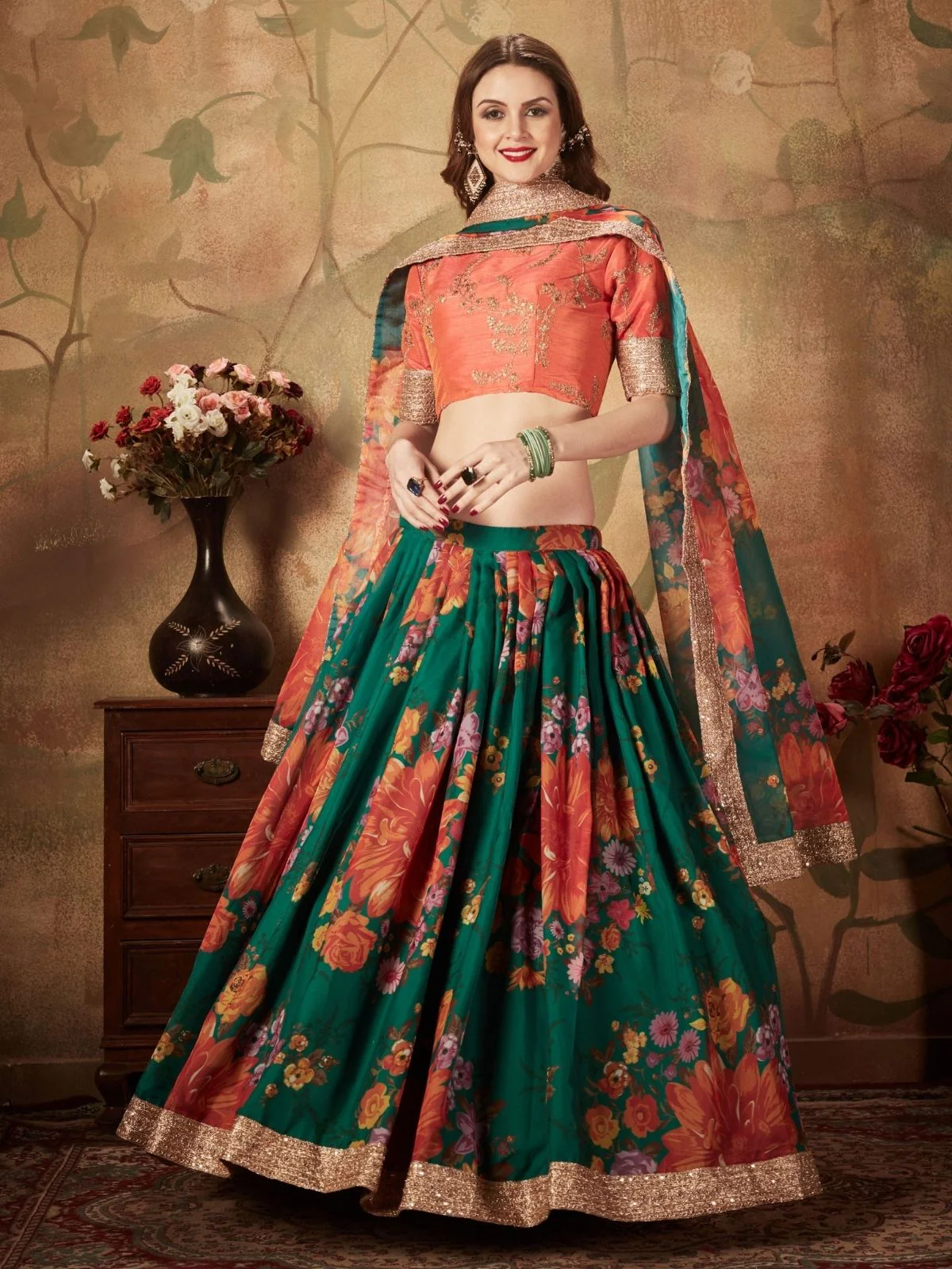 Odette Green Organza Printed Semi Stitched Lehenga With Unstitched Blouse For Women - Image 2