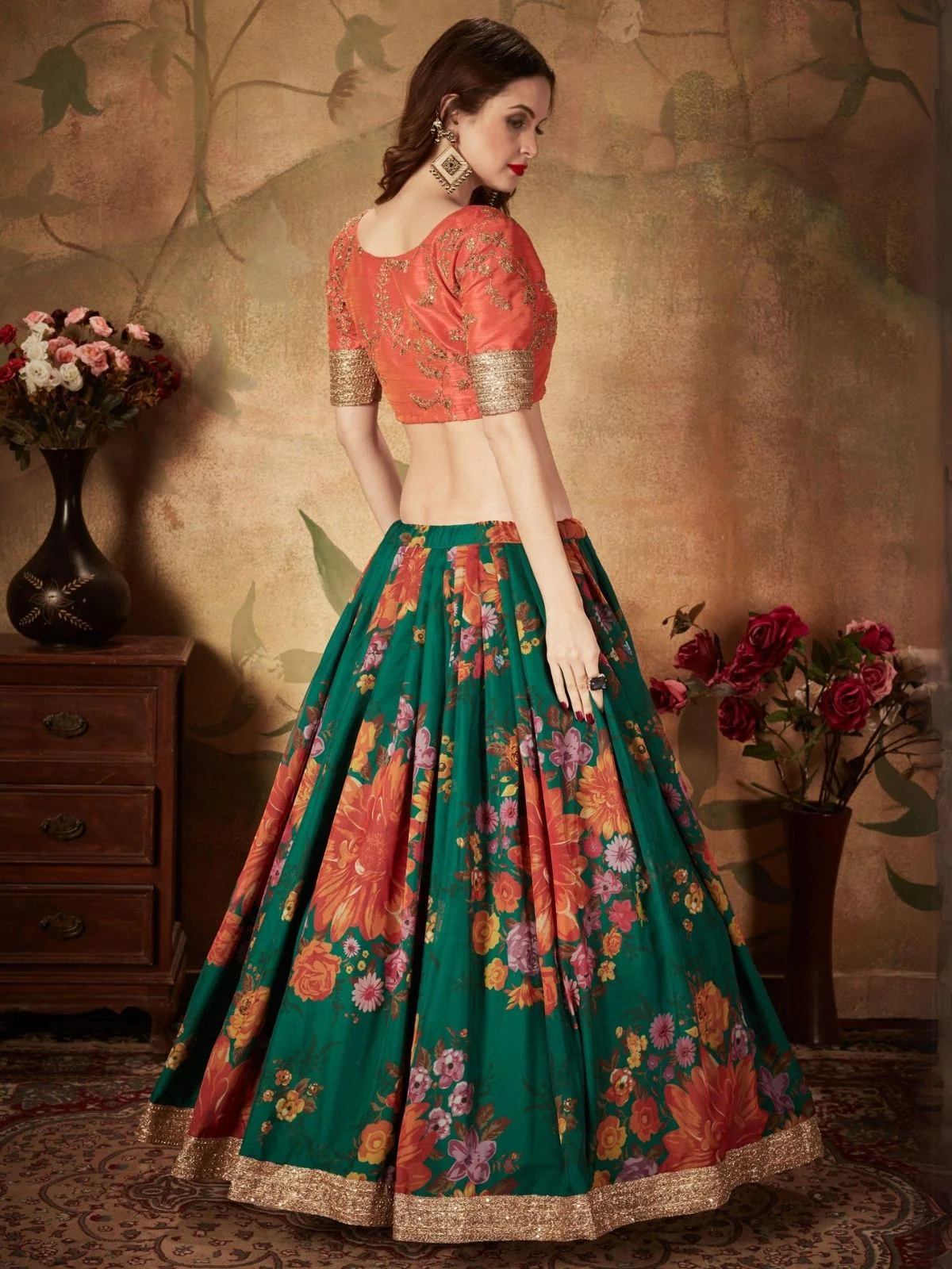 Odette Green Organza Printed Semi Stitched Lehenga With Unstitched Blouse For Women - Image 4