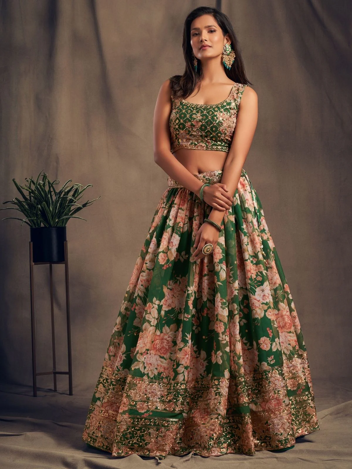 Odette Green Organza Printed Semi Stitched Lehenga With Unstitched Blouse For Women - Image 3