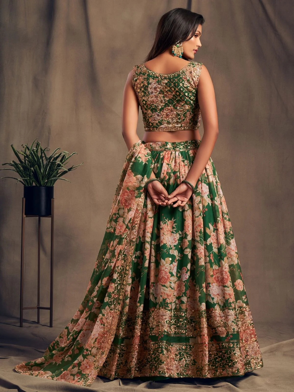 Odette Green Organza Printed Semi Stitched Lehenga With Unstitched Blouse For Women - Image 4