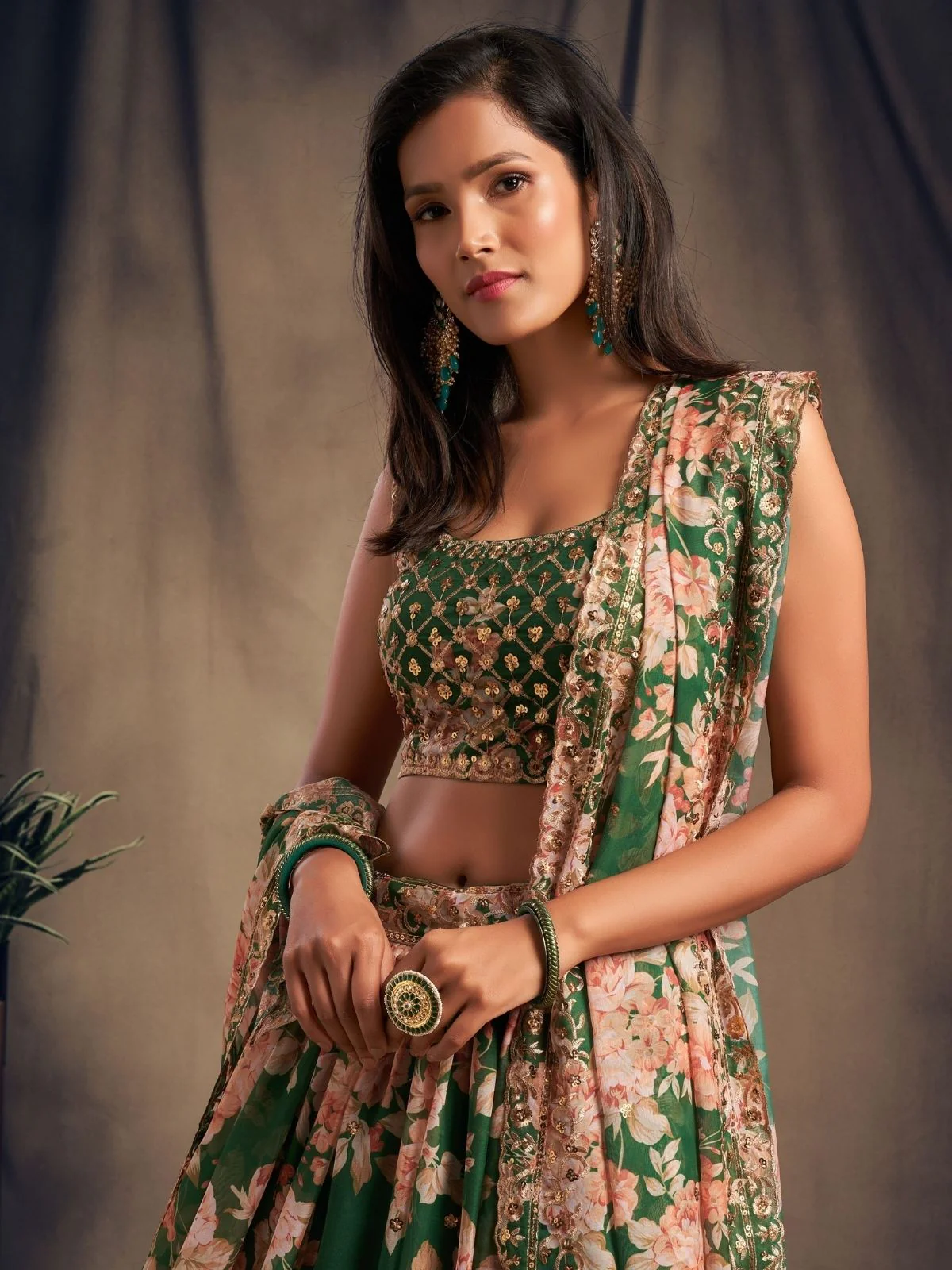 Odette Green Organza Printed Semi Stitched Lehenga With Unstitched Blouse For Women - Image 5