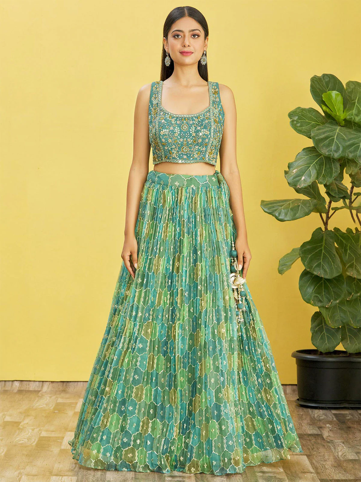 Odette Green Organza Silk Embellished Semi Stitched Lehenga With Unstitched Blouse For Women - Image 2