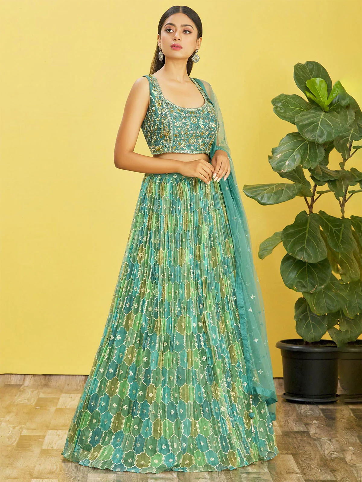 Odette Green Organza Silk Embellished Semi Stitched Lehenga With Unstitched Blouse For Women - Image 3