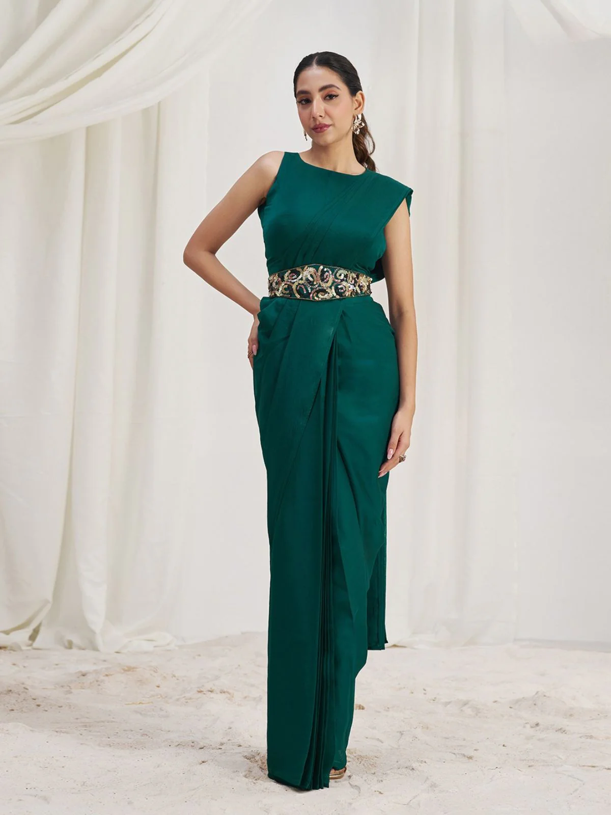 Odette Green Organza Solid Ready To Wear Saree With Stitched Blouse For Women