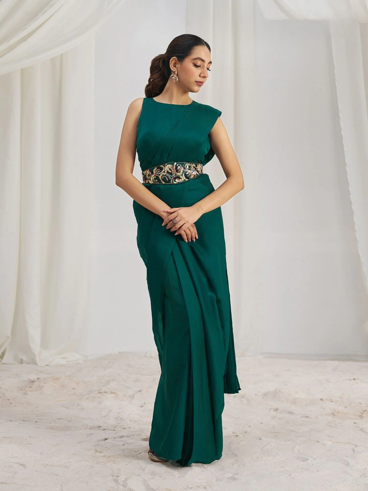 Odette Green Organza Solid Ready To Wear Saree With Stitched Blouse For Women - Image 2