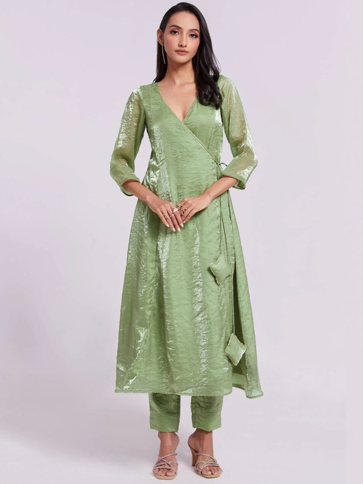 Odette Green Organza Solid Stitched Kurta Set For Women