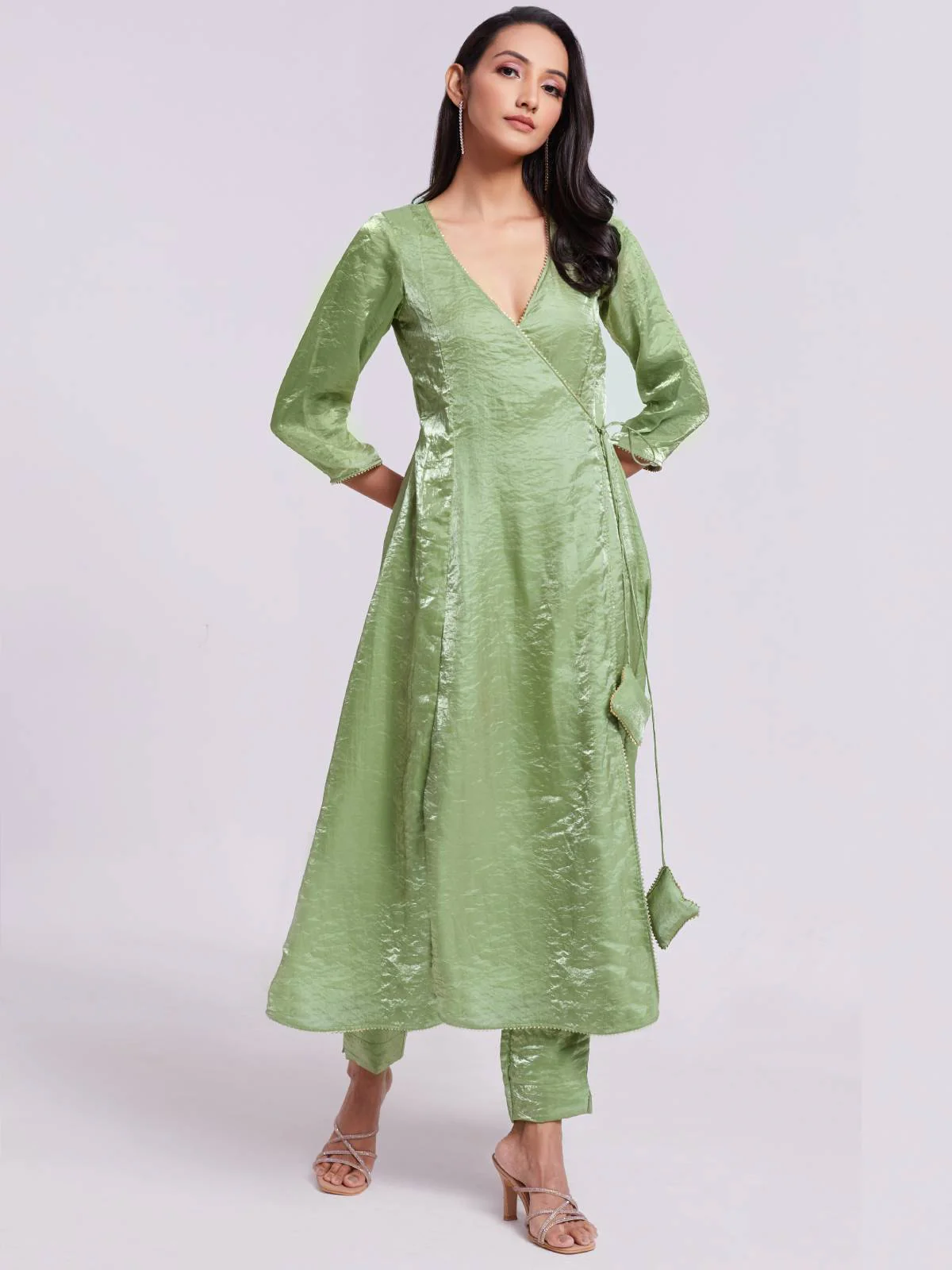 Odette Green Organza Solid Stitched Kurta Set For Women - Image 2