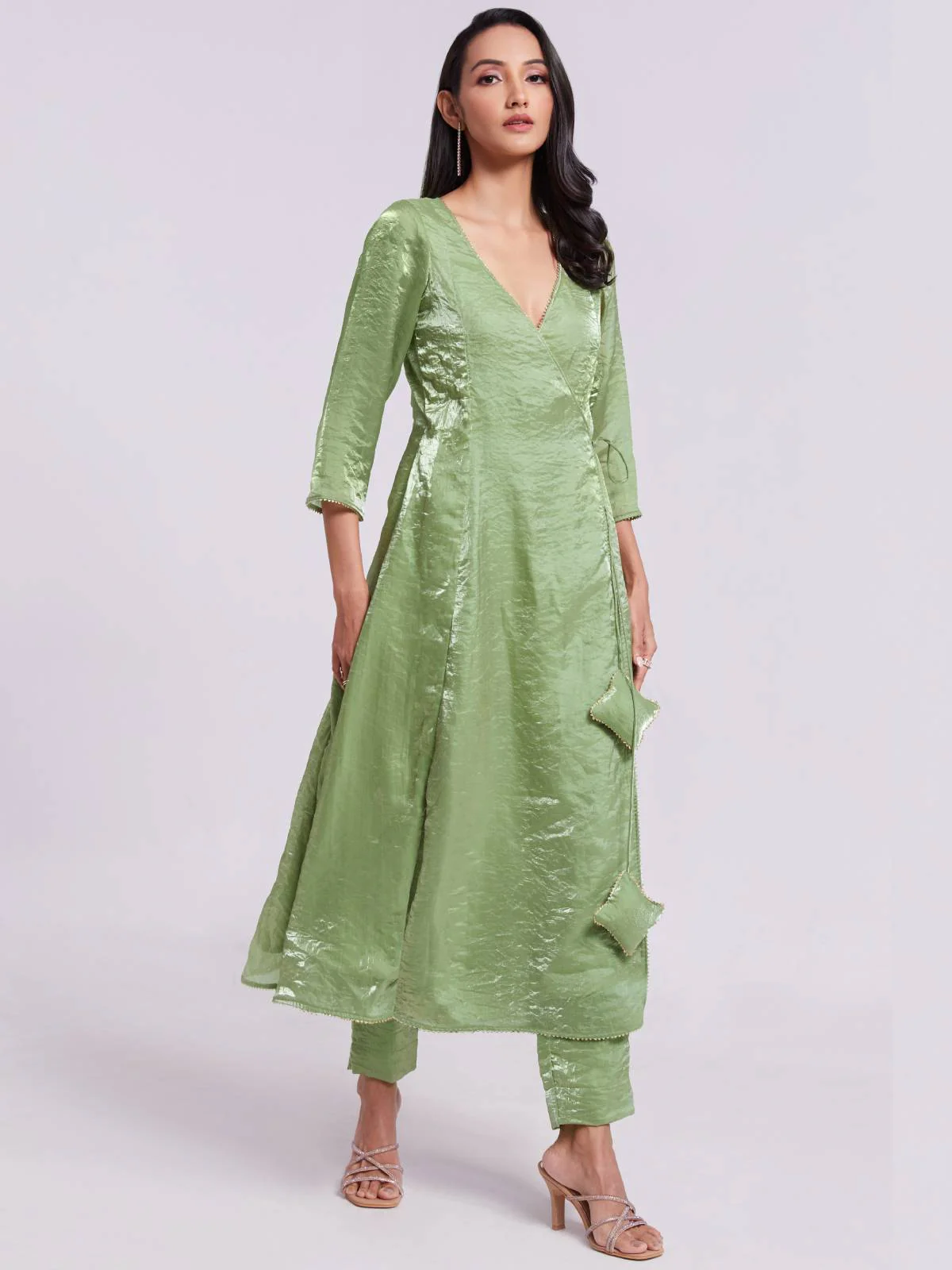 Odette Green Organza Solid Stitched Kurta Set For Women - Image 3