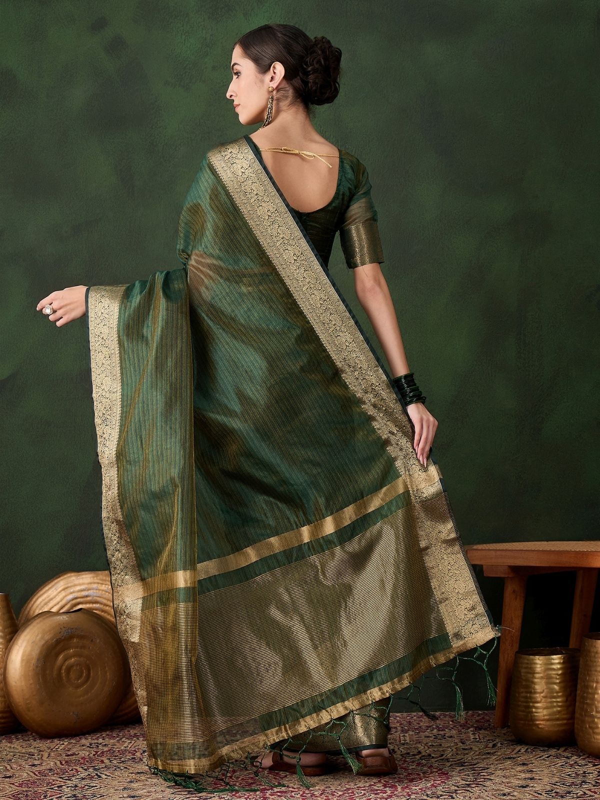 Odette Green Organza Woven Saree With Unstitched Blouse For Women - Image 3