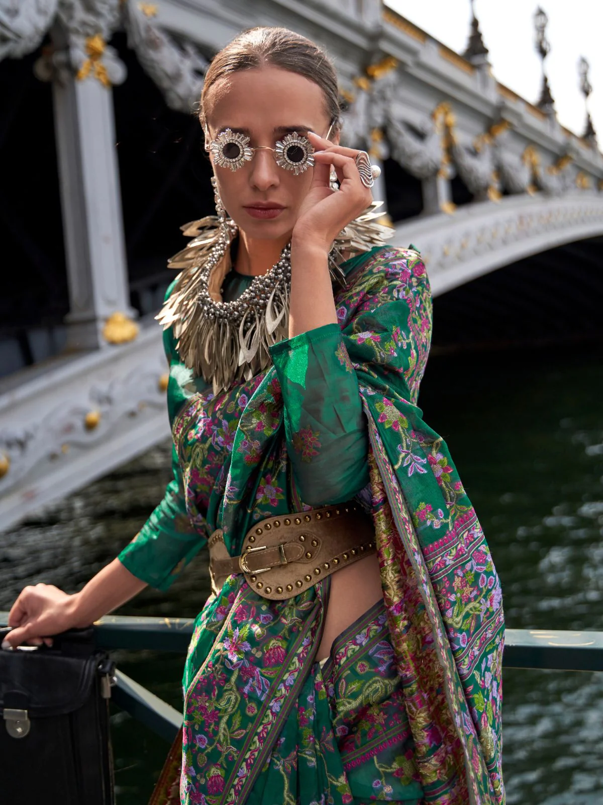 Odette Green Organza Woven Saree With Unstitched Blouse For Women - Image 2