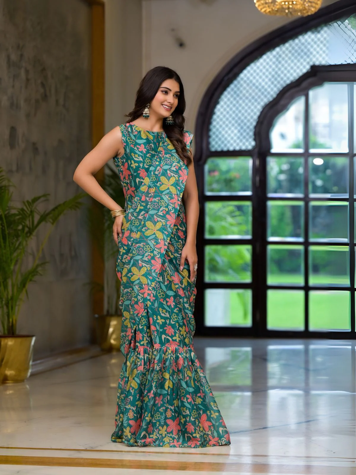 Odette Green Printed Georgette Ready To Wear Saree For Women - Image 3