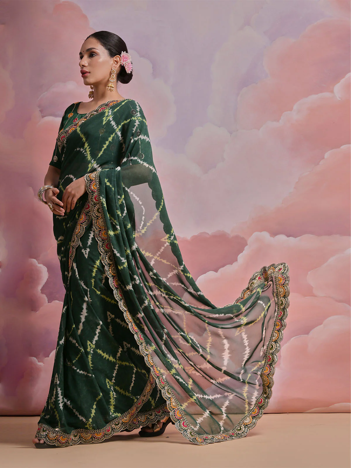 Odette Green Printed Georgette Saree With Unstitched Blouse For Women - Image 2