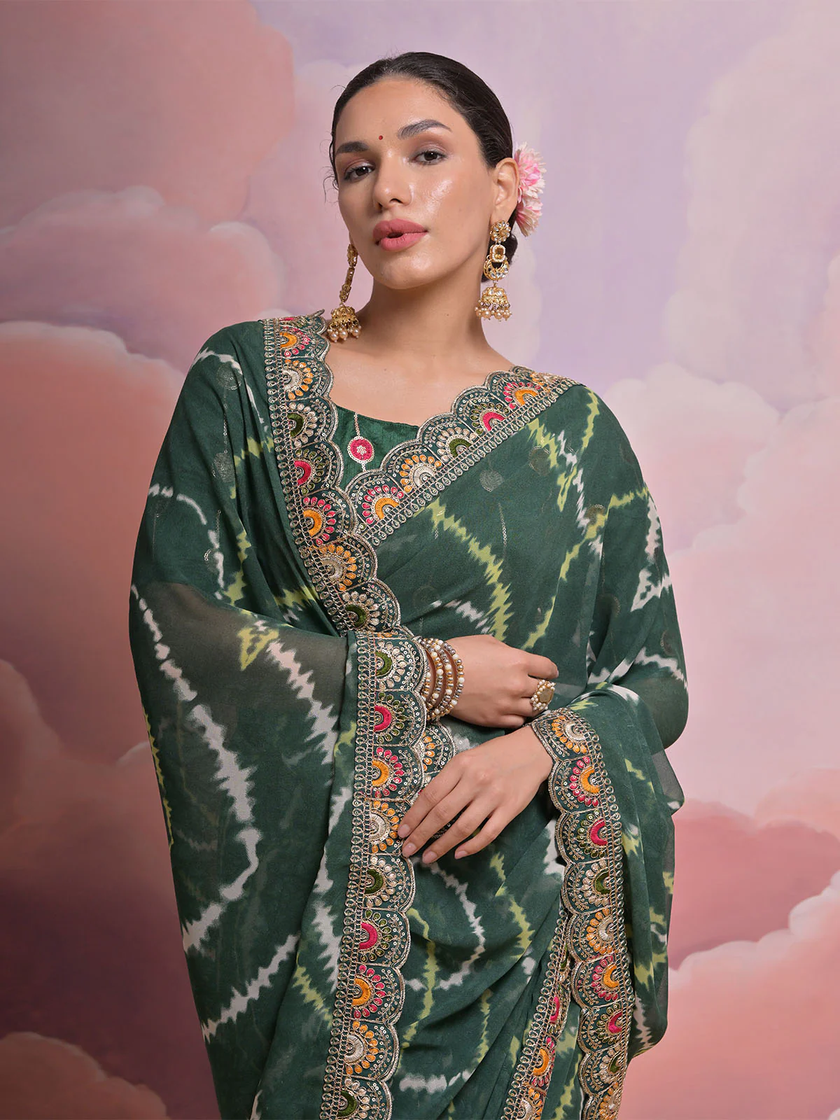 Odette Green Printed Georgette Saree With Unstitched Blouse For Women - Image 4