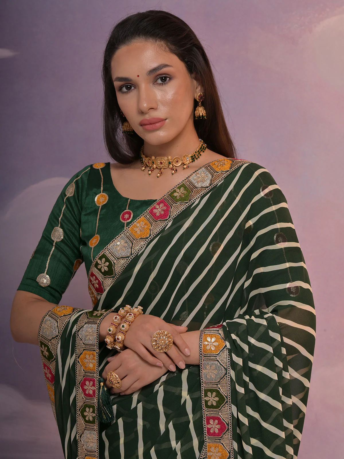 Odette Green Printed Georgette Saree With Unstitched Blouse For Women - Image 5