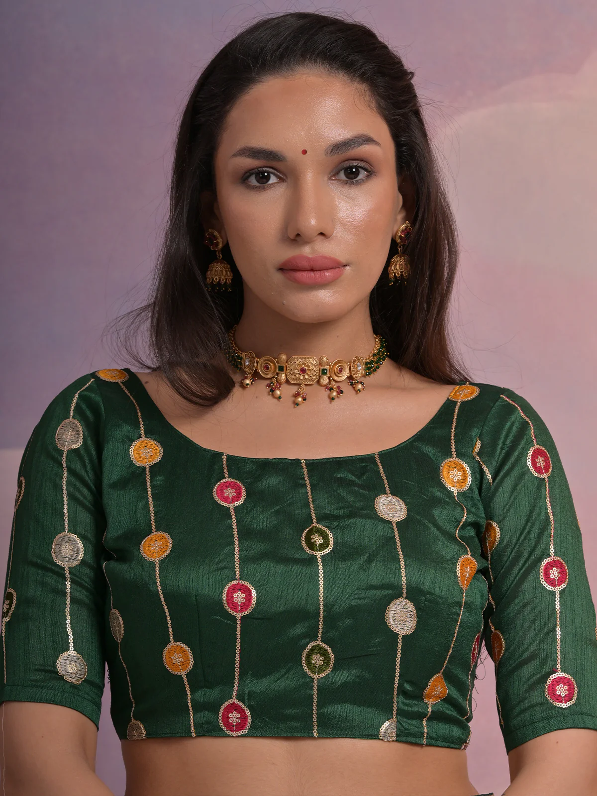 Odette Green Printed Georgette Saree With Unstitched Blouse For Women - Image 6
