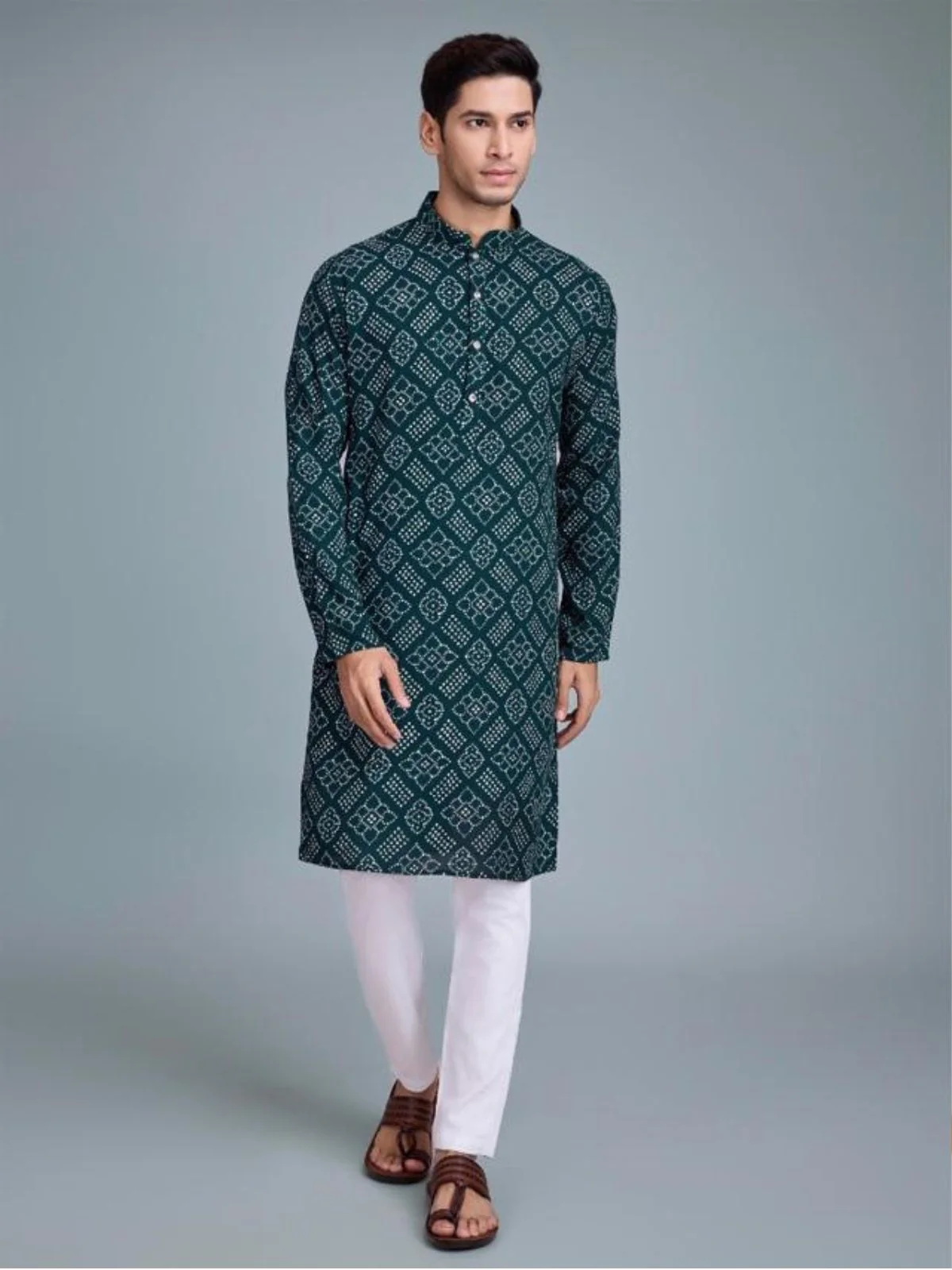Odette Green Rayon Printed Stitched Kurta For Men - Image 2