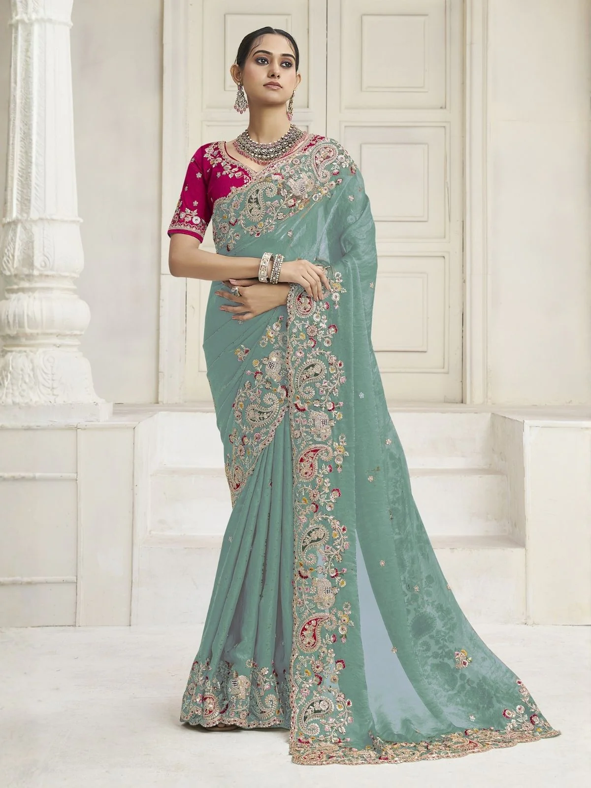 Odette Green Satin Embroidered Saree For Women