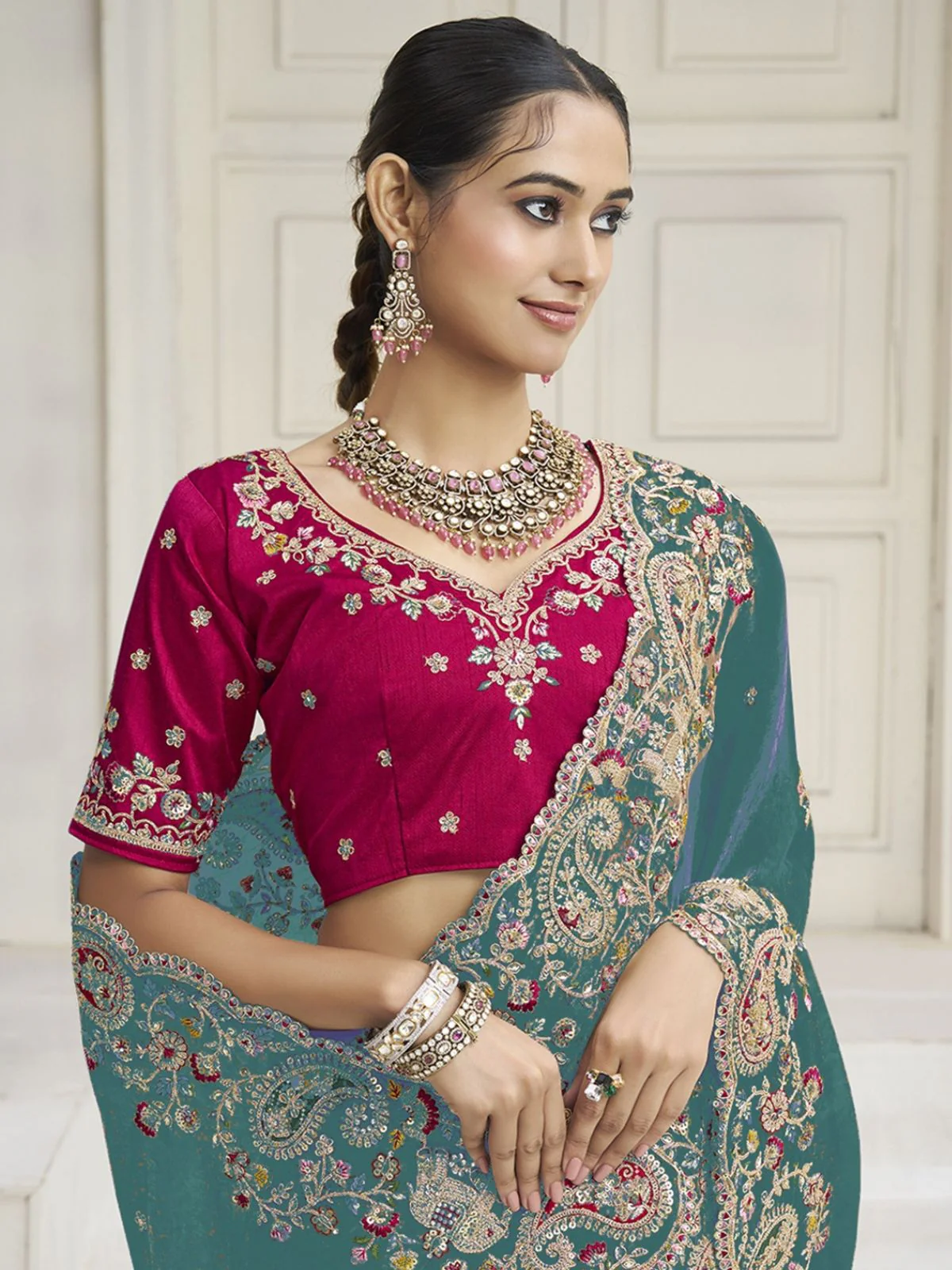 Odette Green Satin Embroidered Saree For Women - Image 2