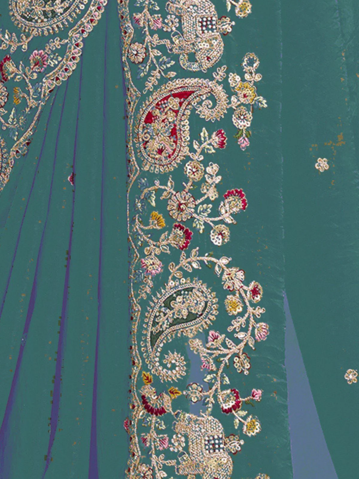 Odette Green Satin Embroidered Saree For Women - Image 3