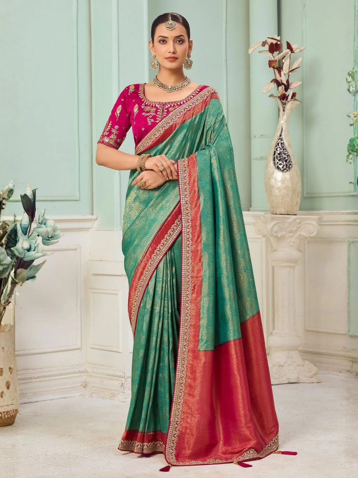 Odette Green Satin Embroidered Saree For Women