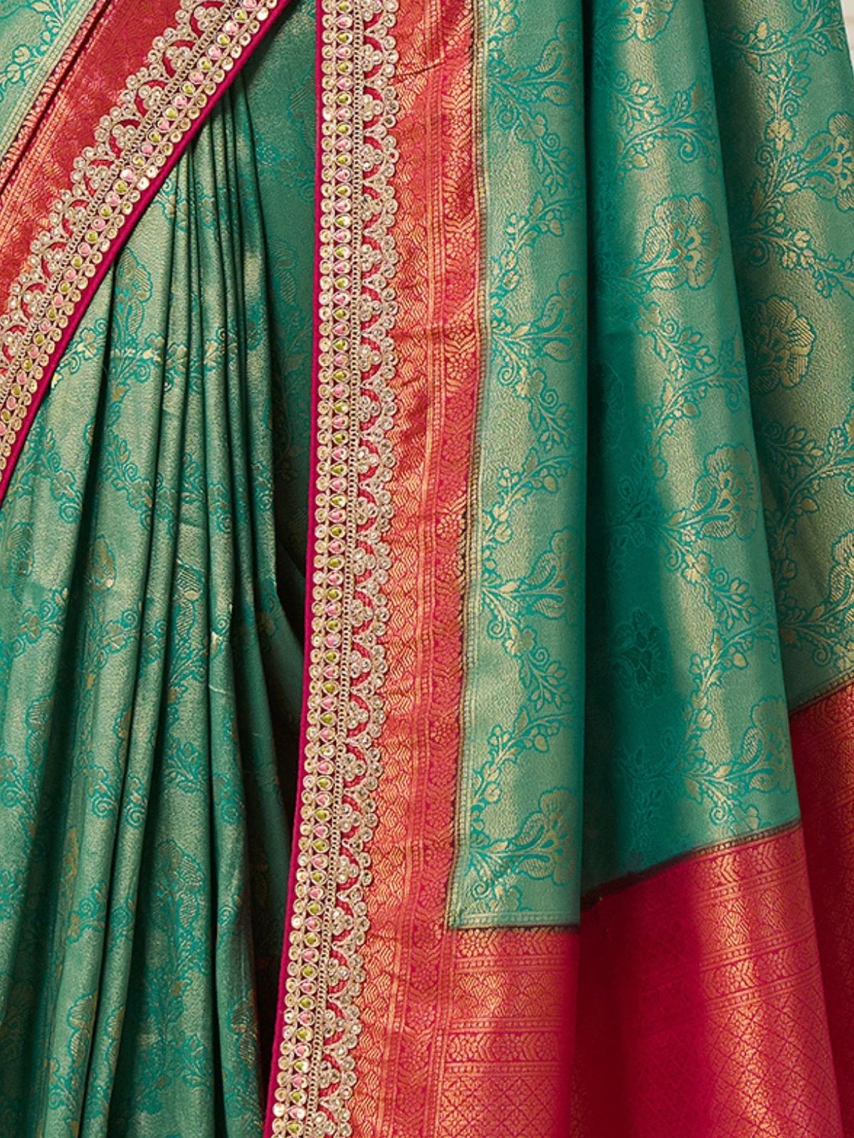 Odette Green Satin Embroidered Saree For Women - Image 3