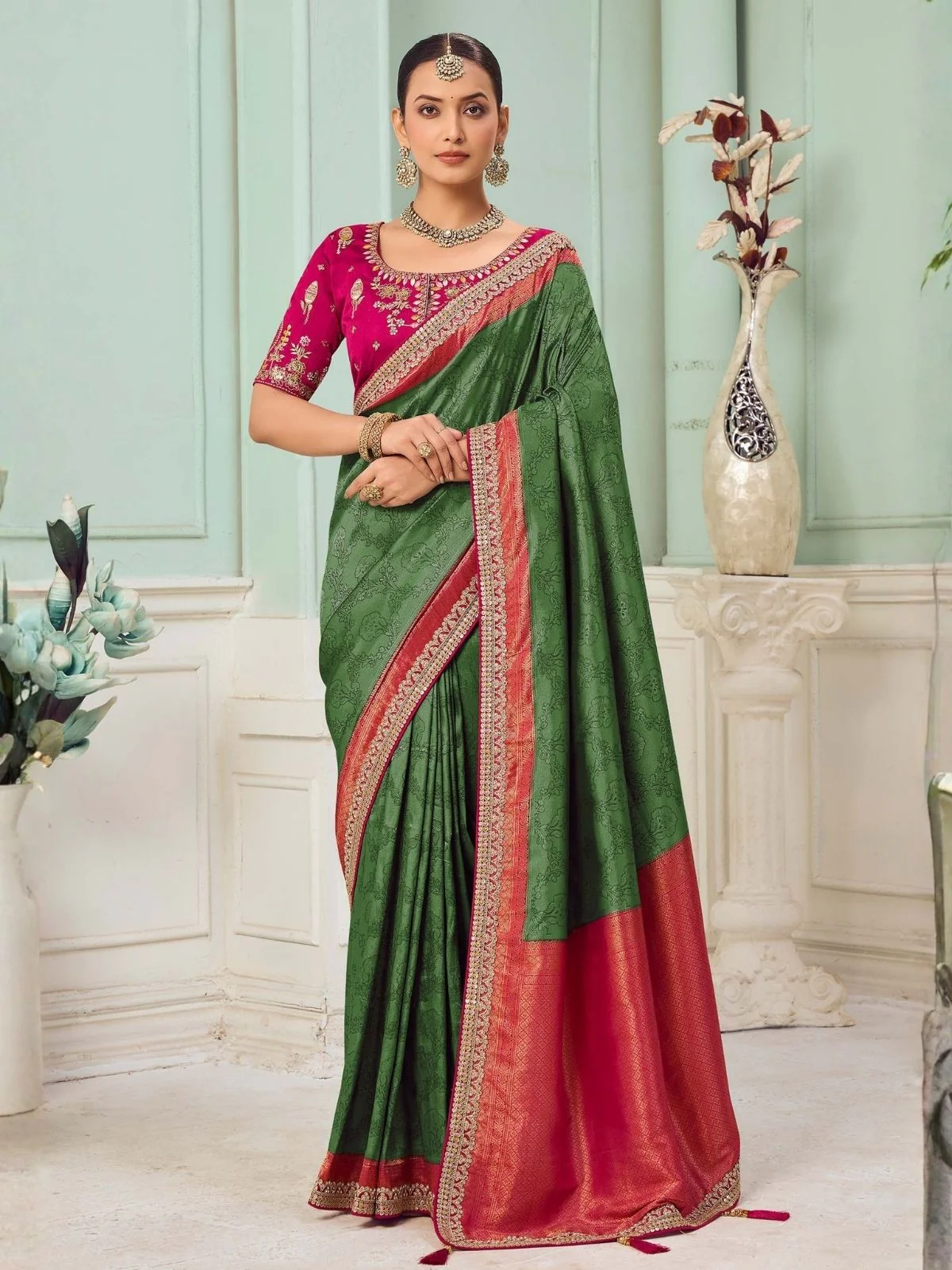 Odette Green Satin Embroidered Saree For Women